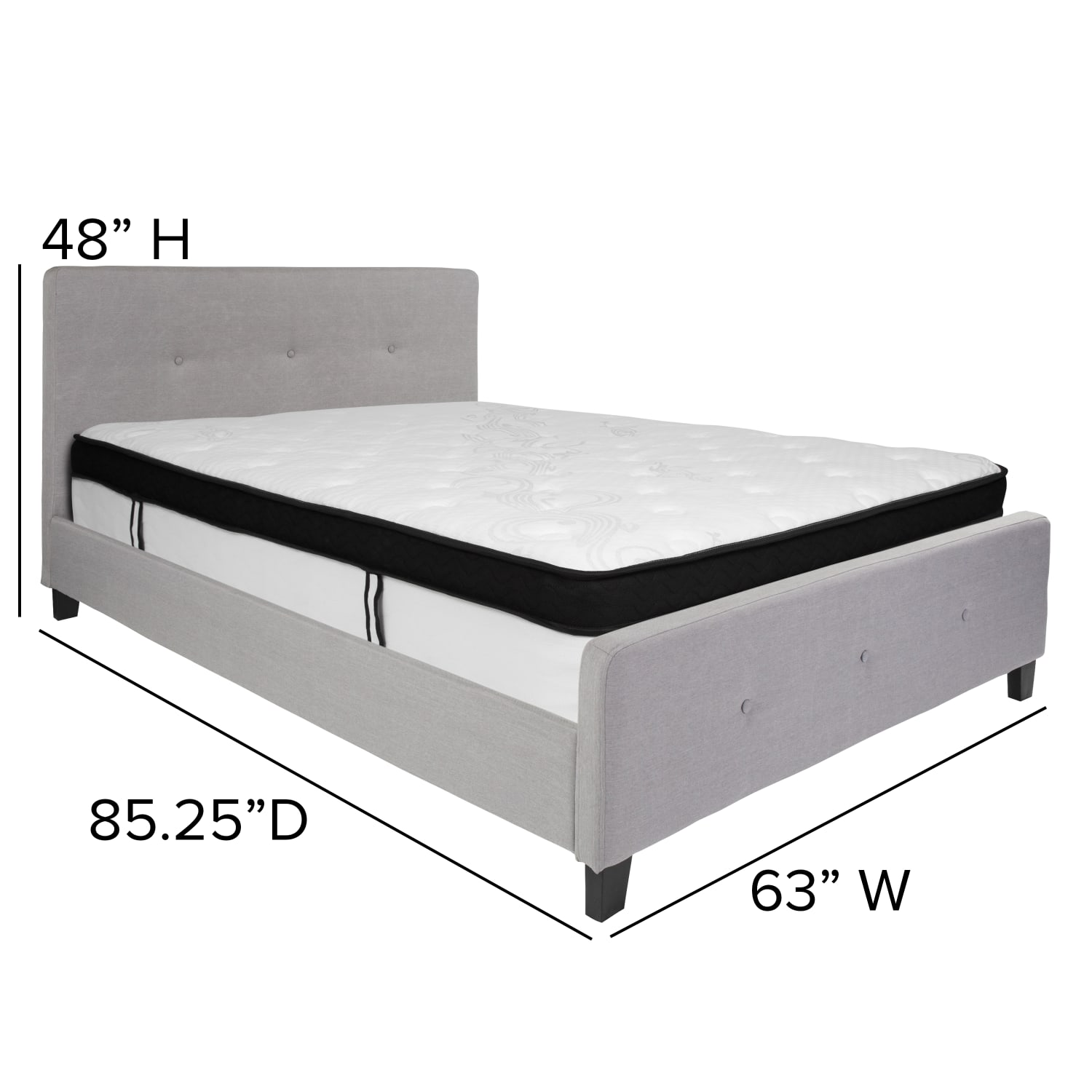 Flash Furniture Tribeca Button Tufted Upholstered Platform Bed with Memory Foam Pocket Spring Mattress, Queen, 48inH x 63inW x 85-1/4inL, Light Gray - Image 5