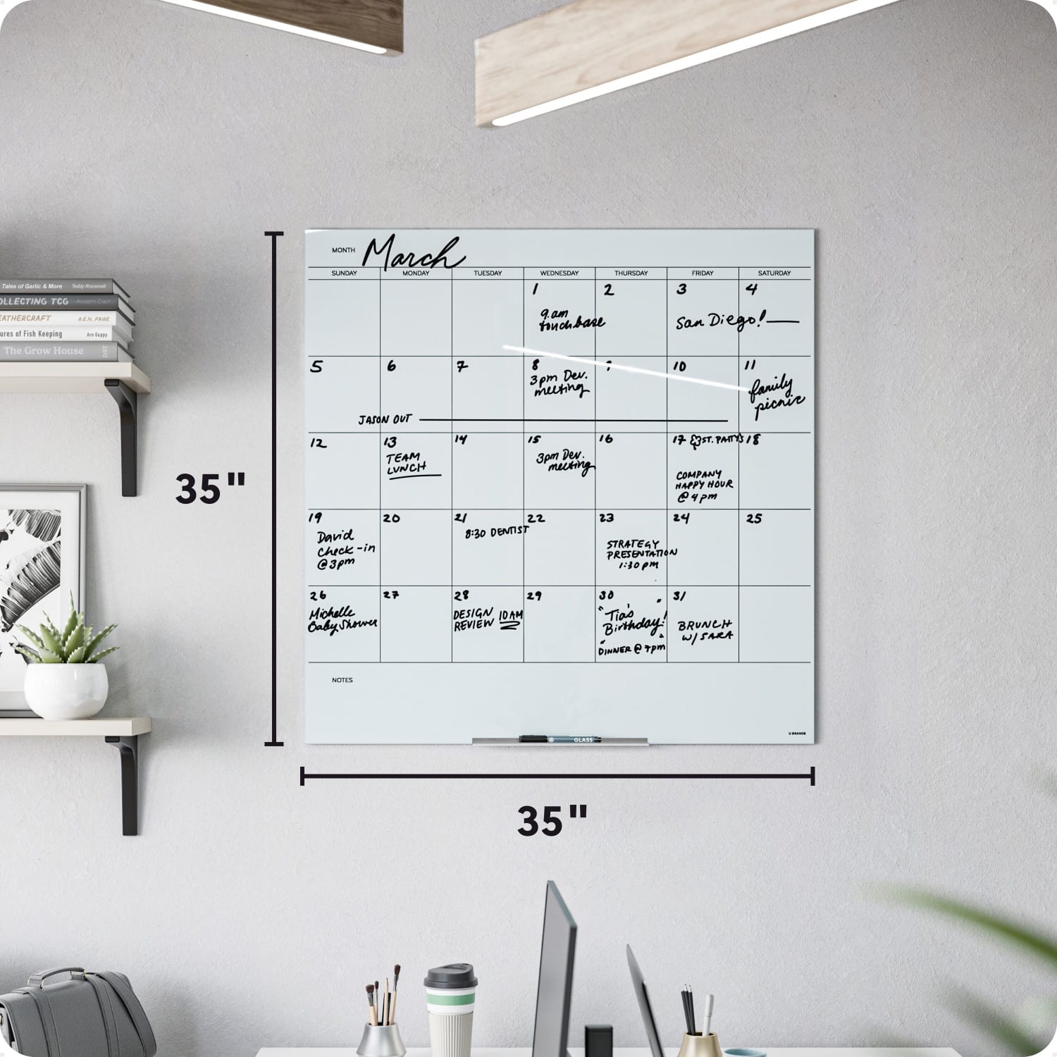 U Brands Floating Glass Dry-Erase Monthly Calendar Board, 36in X 36in, White Frosted Surface, Frameless, Actual Size 35in X 35in (2910U00-01) - Image 4