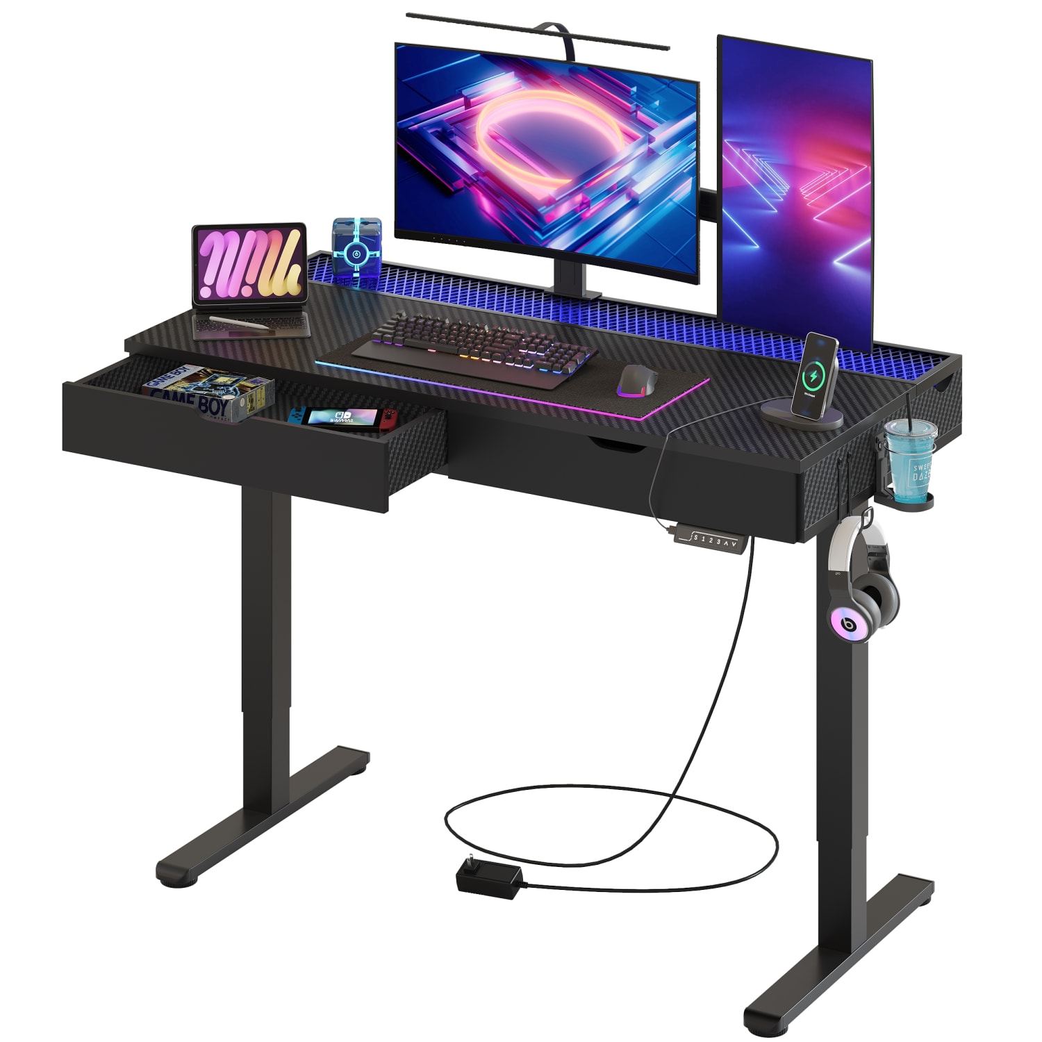 Bestier 48inW Electric Adjustable-Height Standing Desk With Drawers And RGB Lights, Carbon Fiber Black