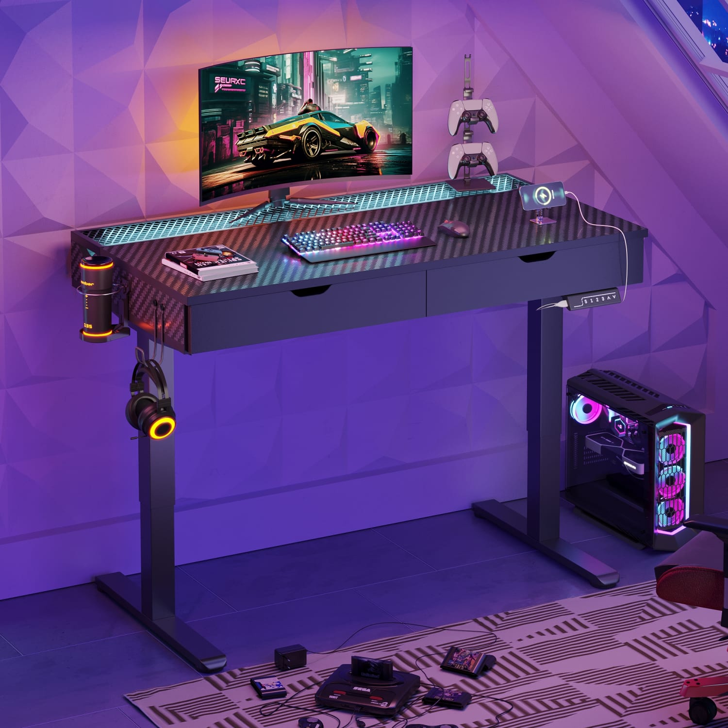 Bestier 48inW Electric Adjustable-Height Standing Desk With Drawers And RGB Lights, Carbon Fiber Black - Image 3