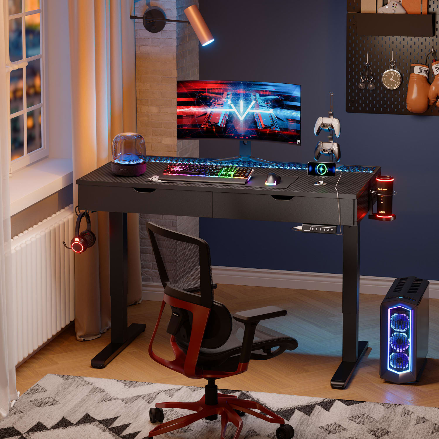 Bestier 48inW Electric Adjustable-Height Standing Desk With Drawers And RGB Lights, Carbon Fiber Black - Image 4