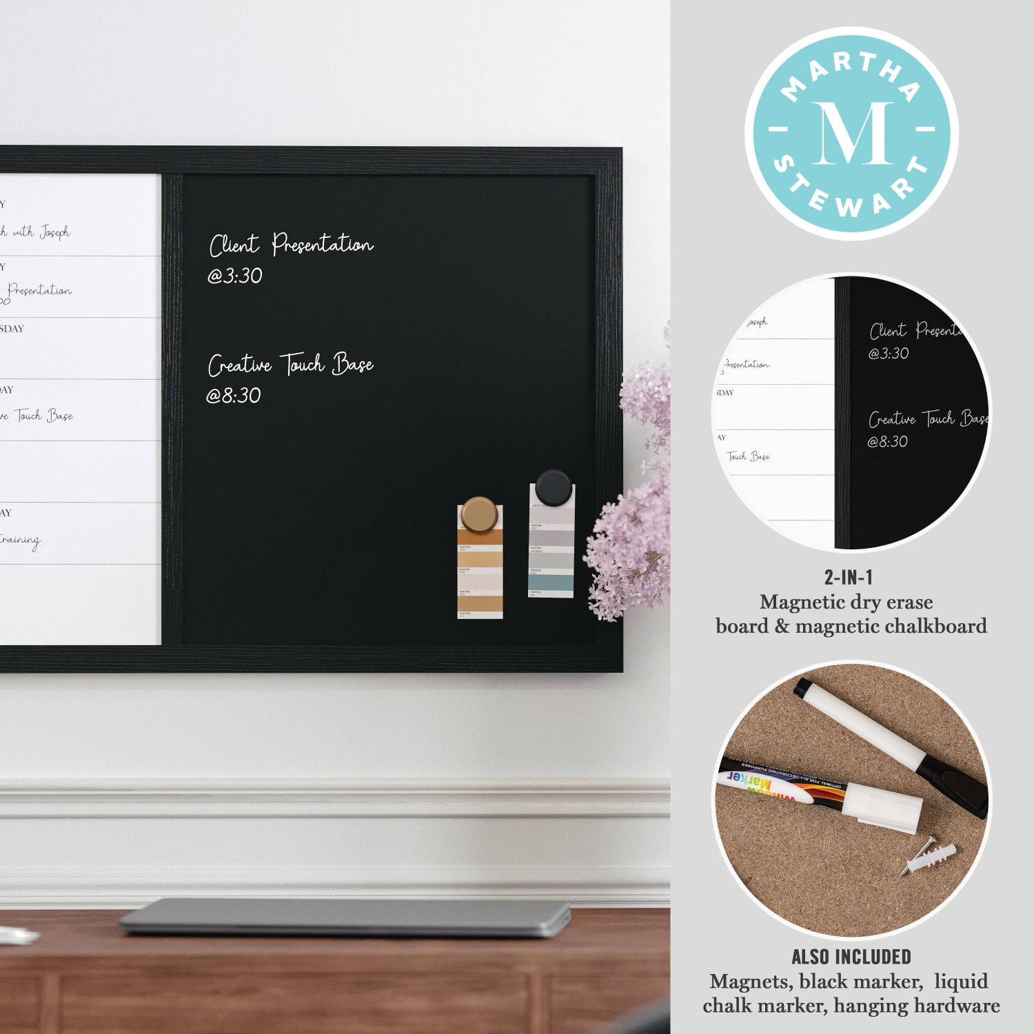 Martha Stewart Everette Magnetic Weekly Calendar Dry-Erase/Chalk Board, 18in x 24in, Black Woodgrain - Image 4