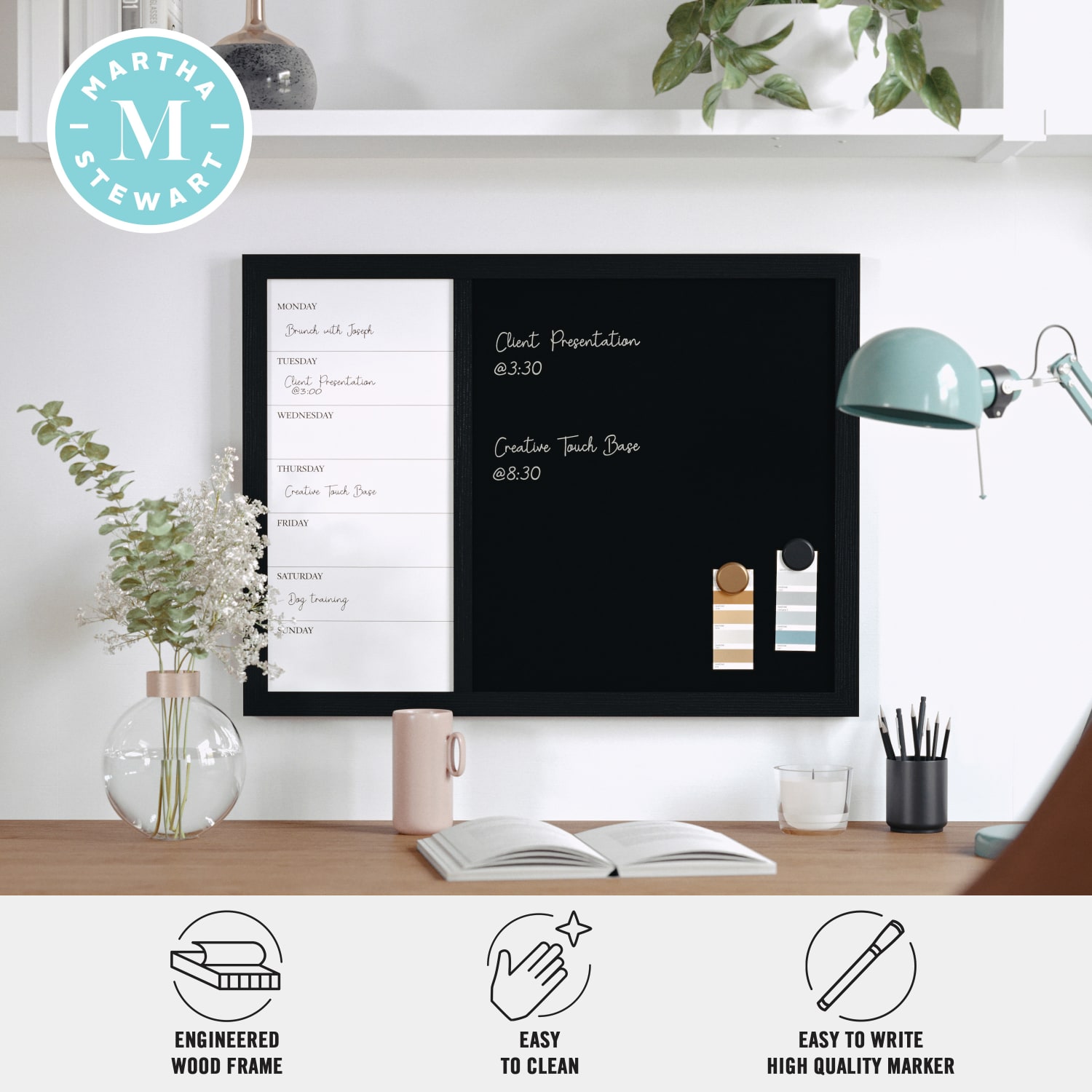 Martha Stewart Everette Magnetic Weekly Calendar Dry-Erase/Chalk Board, 18in x 24in, Black Woodgrain - Image 5