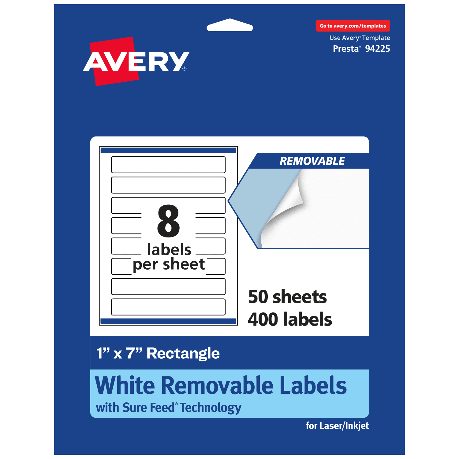Avery Removable Labels With Sure Feed, 94225-RMP50, Rectangle, 1in x 7in, White, Pack Of 400 Labels