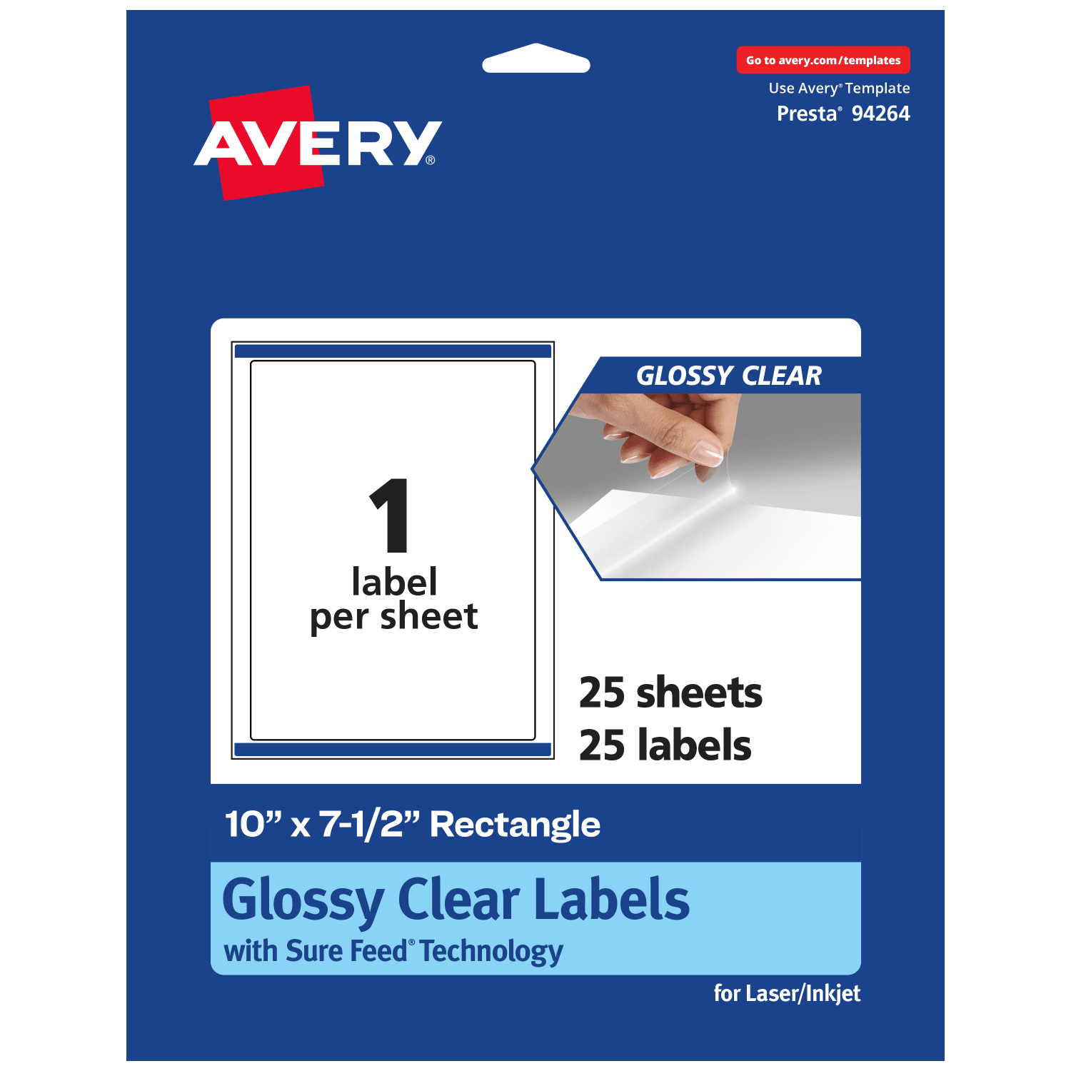 Avery Glossy Permanent Labels With Sure Feed, 94264-CGF25, Rectangle, 10in x 7-1/2in, Clear, Pack Of 25