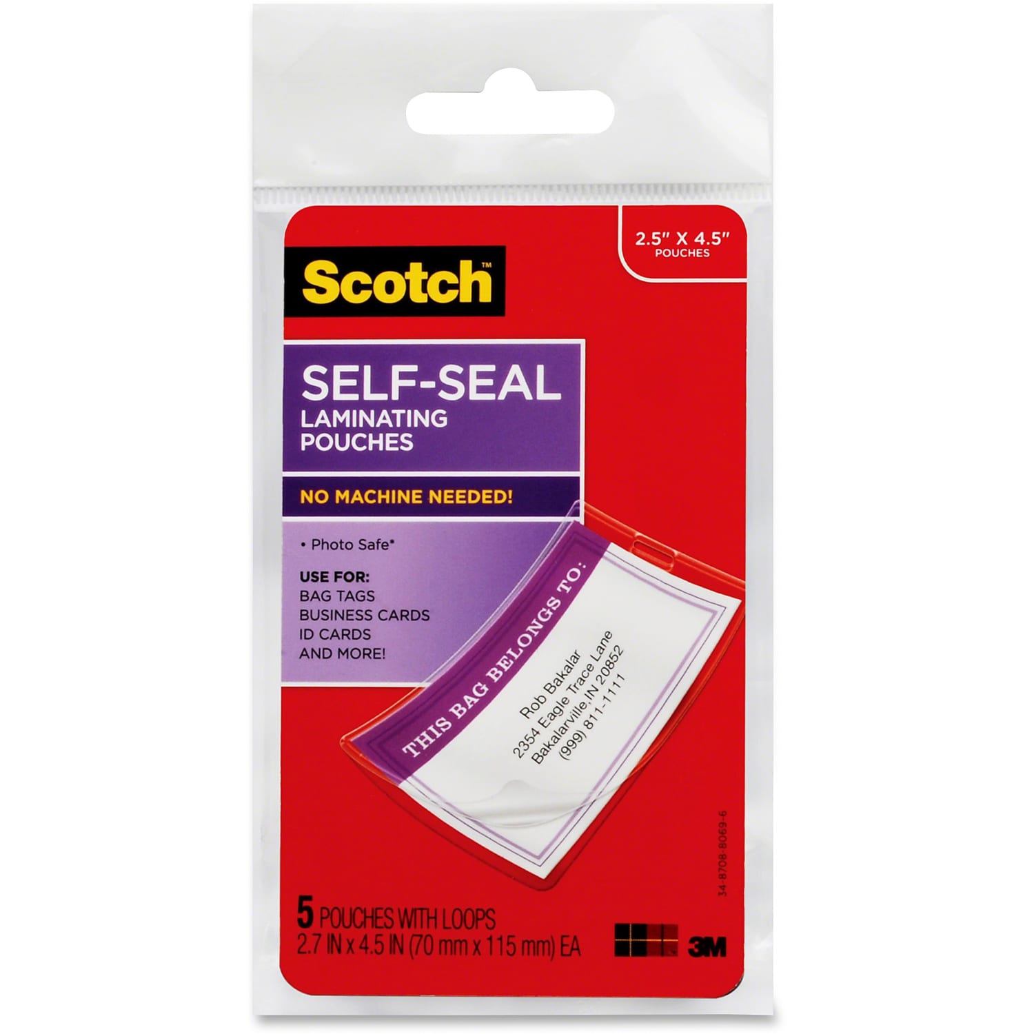 Scotch Front & Back Self-Seal Laminating Pouches With Loops, Glossy, 2.70in x 4.50in, 12.50 mil Thick, Clear, Pack Of 5 - Image 3
