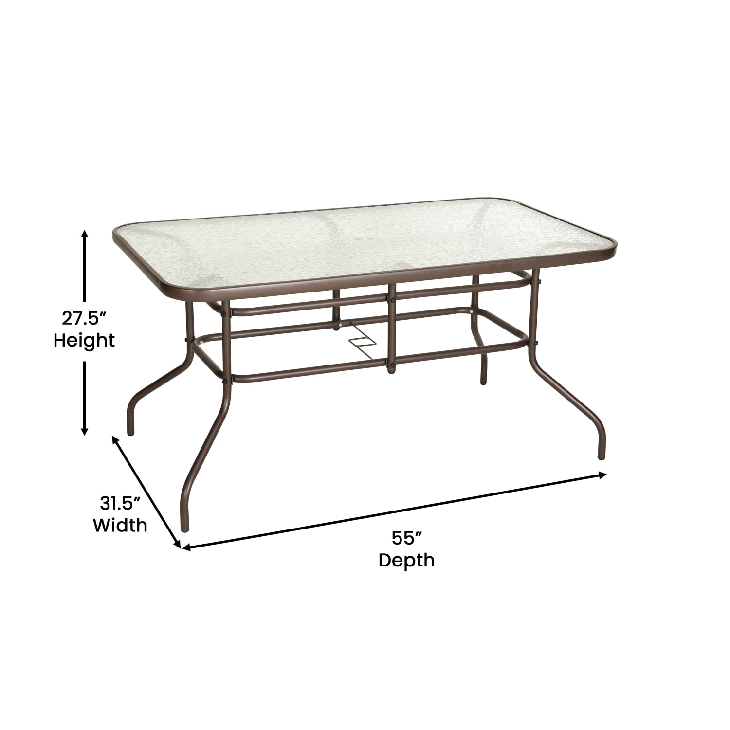 Flash Furniture Tory 31.5in x 55in Rectangular Tempered Glass Metal Table with Umbrella Hole, Clear Top/Bronze Frame - Image 5