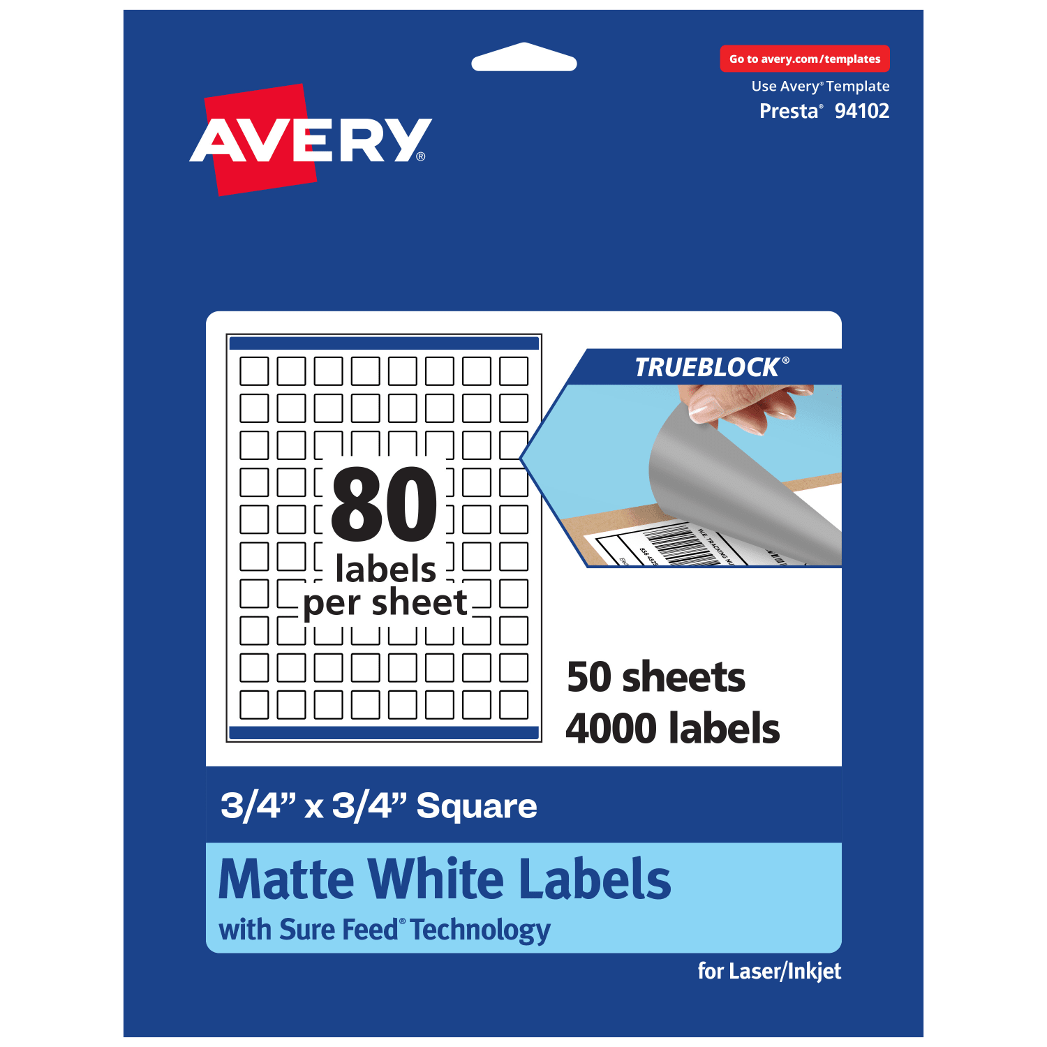 Avery Print-To-The-Edge TrueBlock Labels With Sure Feed, 94102-TWMP50, Square, 3/4in x 3/4in, Matte White, Pack Of 4000