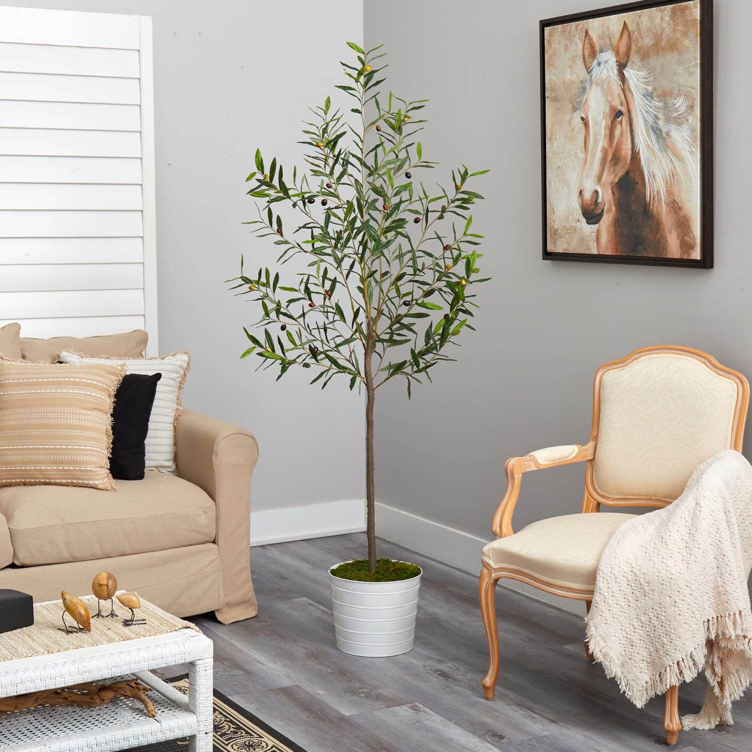 Nearly Natural Olive 74inH Artificial Tree With Metal Planter, 74inH x 26inW x 26inD, Green/White - Image 5