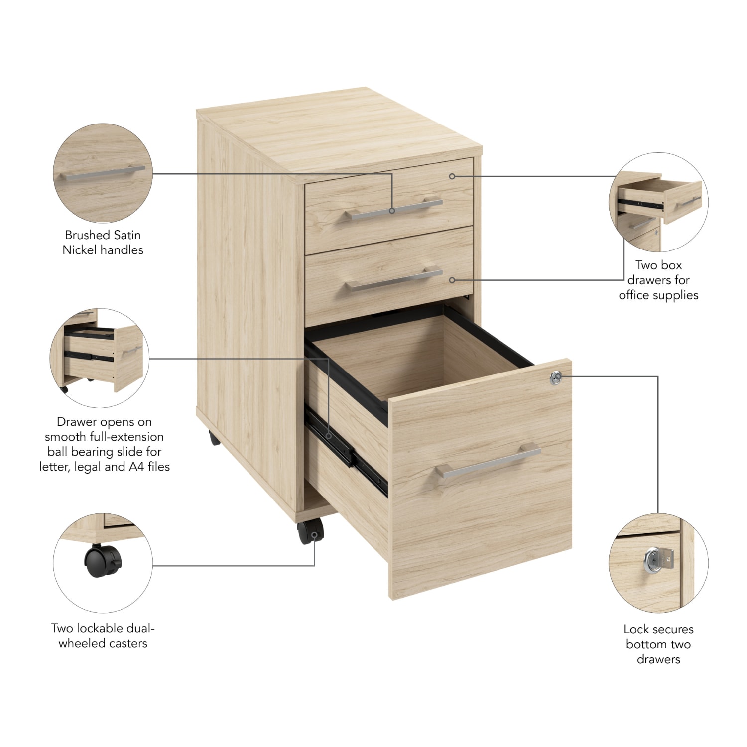 Bush Business Furniture Hustle 3-Drawer Mobile File Cabinet, Natural Elm, Standard Delivery - Image 5
