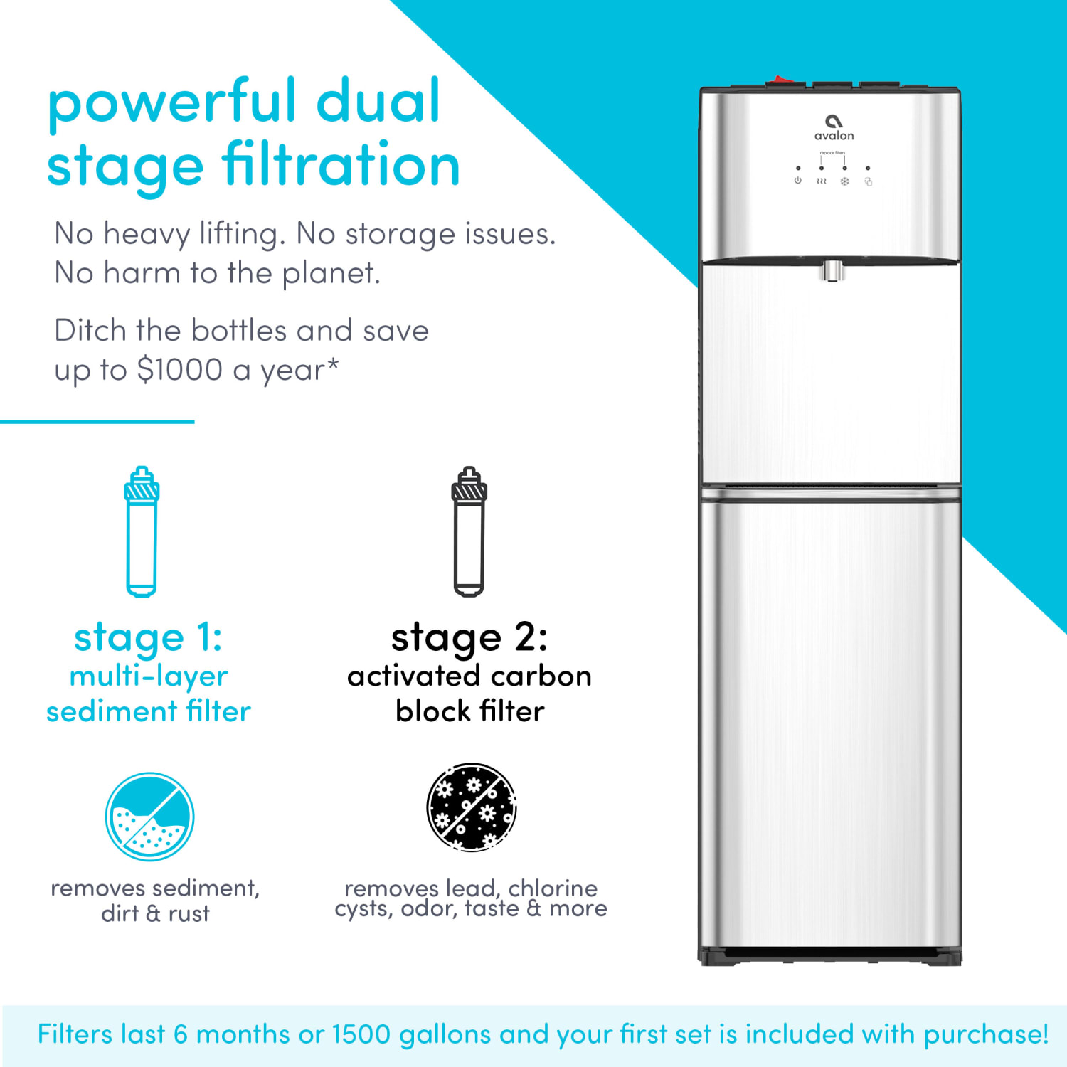 Avalon Bottom-Loading Water Cooler/Dispenser, 41inH x 12inW x 13inD, Silver - Image 6
