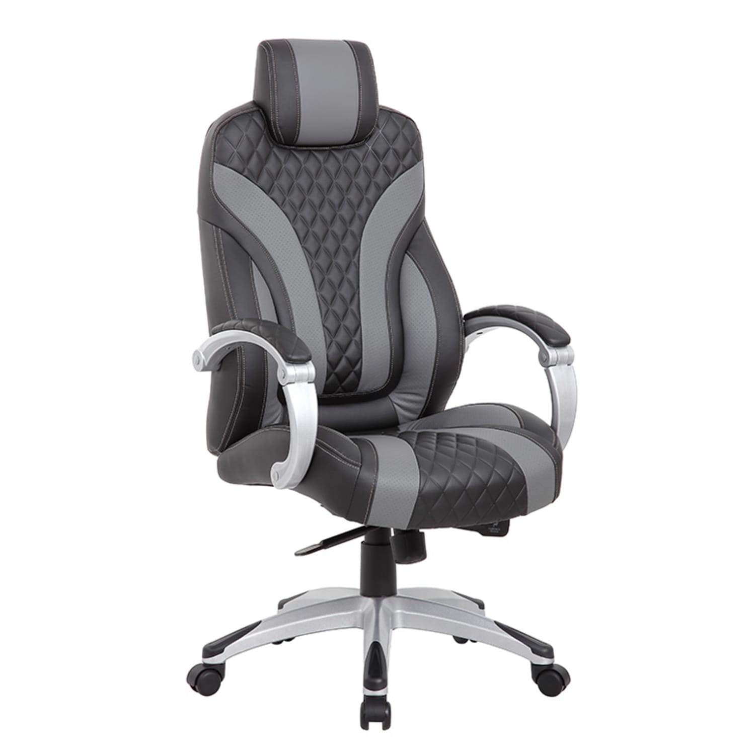 Boss Office Products Hinged Arm Ergonomic Faux Leather High-Back Executive Chair With Synchro-Tilt, Black/Gray