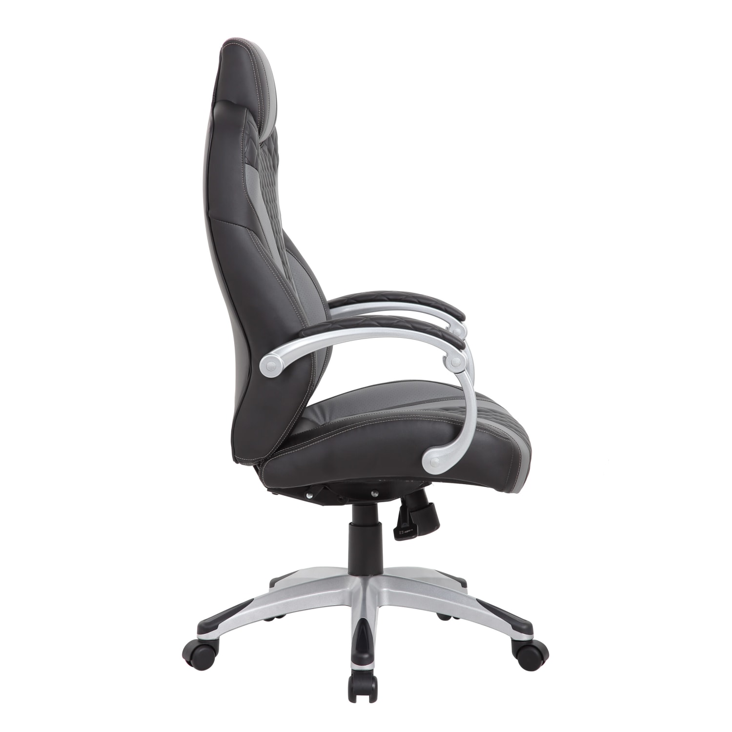 Boss Office Products Hinged Arm Ergonomic Faux Leather HighBack Executive Chair With SynchroTilt BlackGray PopularChairscom Boss Office Products Hinged Arm Ergonomic Faux Leather High Back Executive Chair With Synchro Tilt BlackGray PopularChairscom