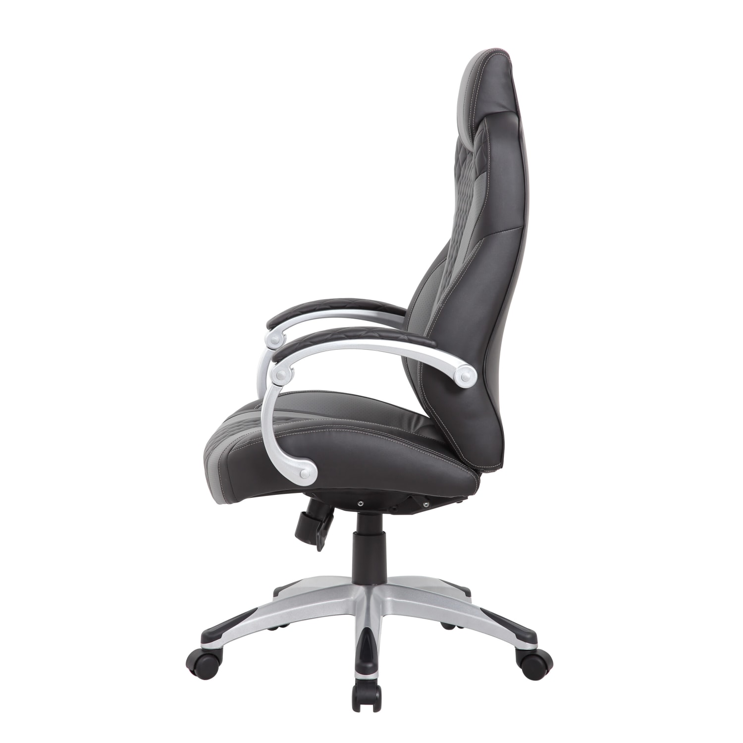 Boss Office Products Hinged Arm Ergonomic Faux Leather HighBack Executive Chair With SynchroTilt BlackGray PopularChairscom Boss Office Products Hinged Arm Ergonomic Faux Leather High Back Executive Chair With Synchro Tilt BlackGray PopularChairscom