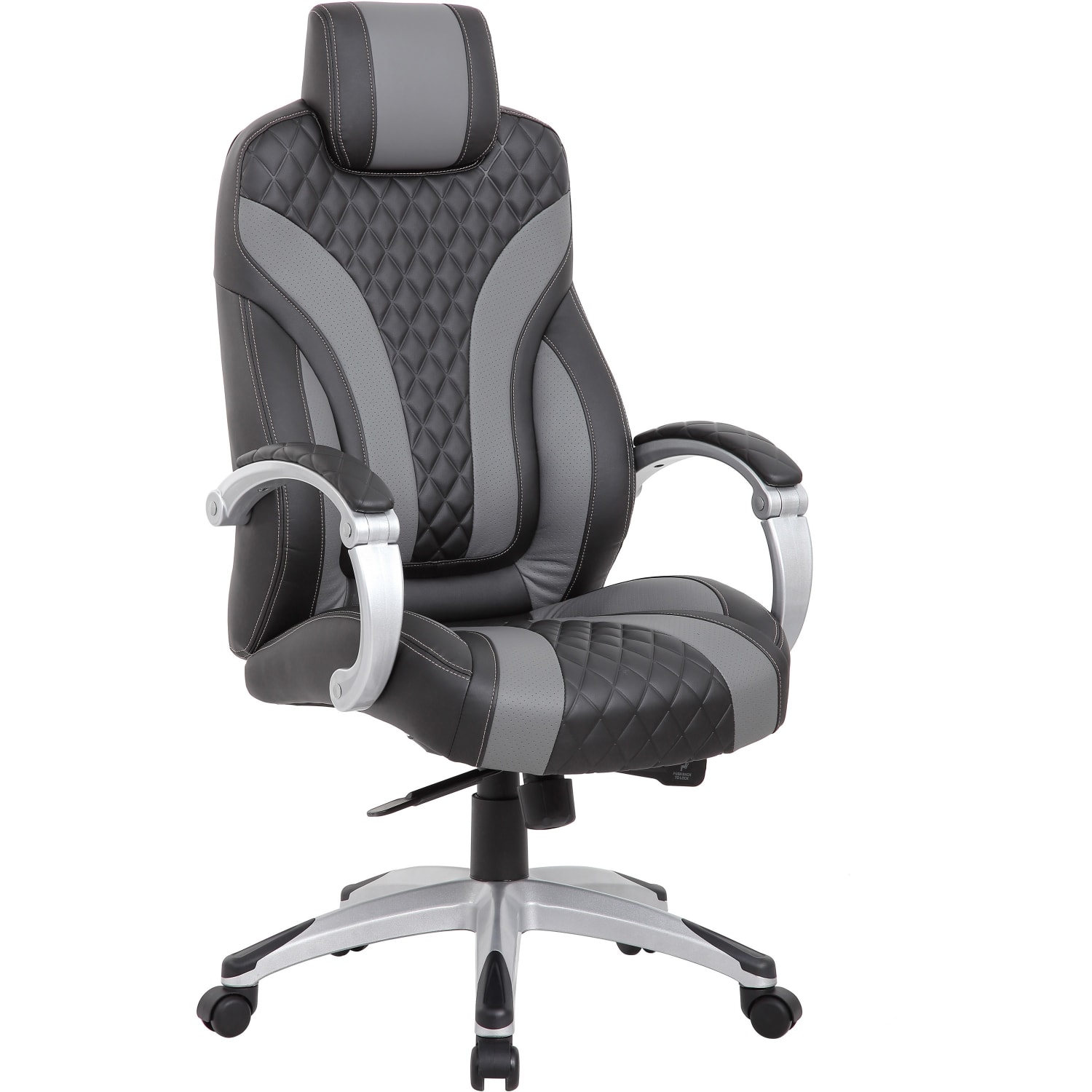 Boss Office Products Hinged Arm Ergonomic Faux Leather HighBack Executive Chair With SynchroTilt BlackGray PopularChairscom Boss Office Products Hinged Arm Ergonomic Faux Leather High Back Executive Chair With Synchro Tilt BlackGray PopularChairscom