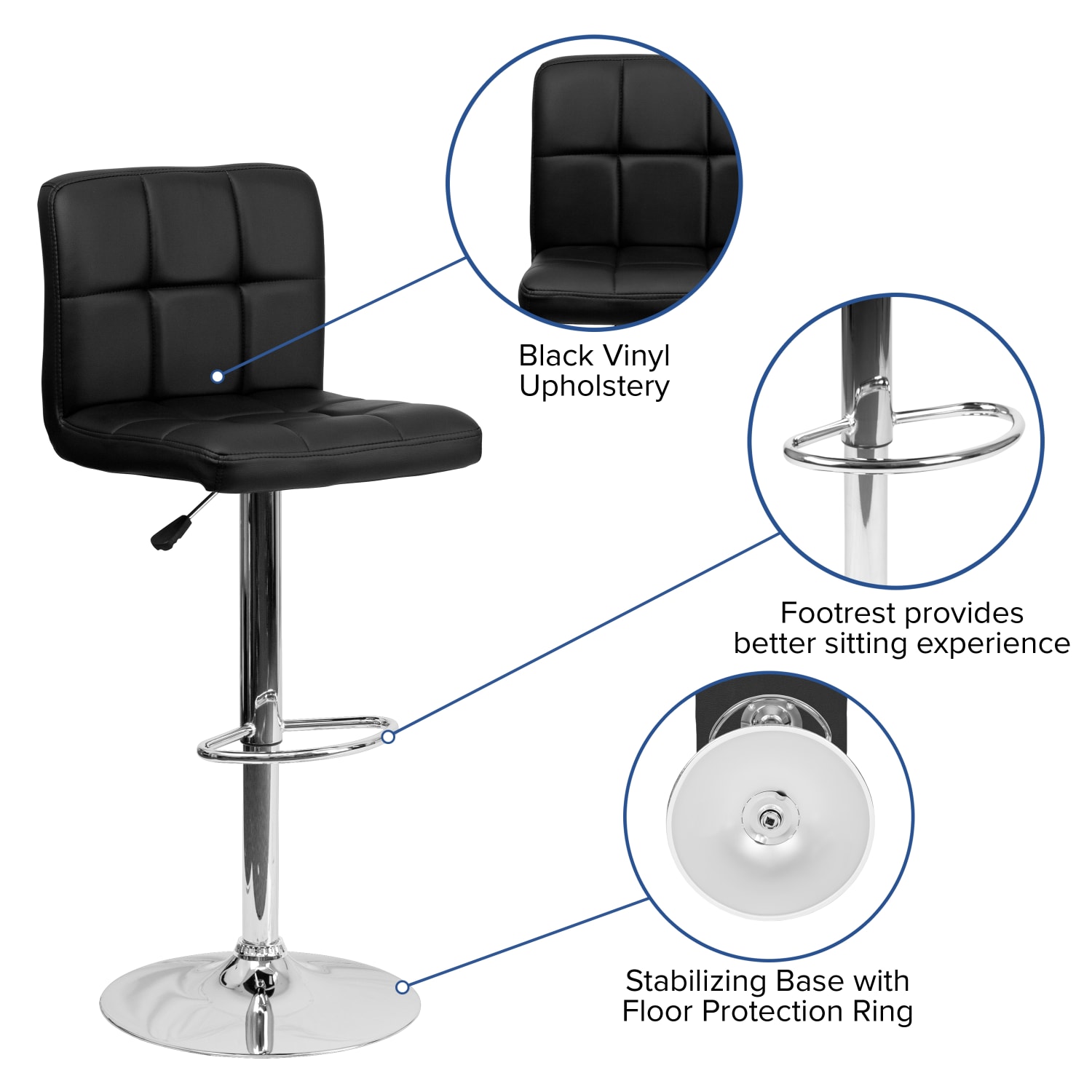 Flash Furniture Contemporary Quilted Vinyl Adjustable Height Barstool with Chrome Base Black PopularChairscom
