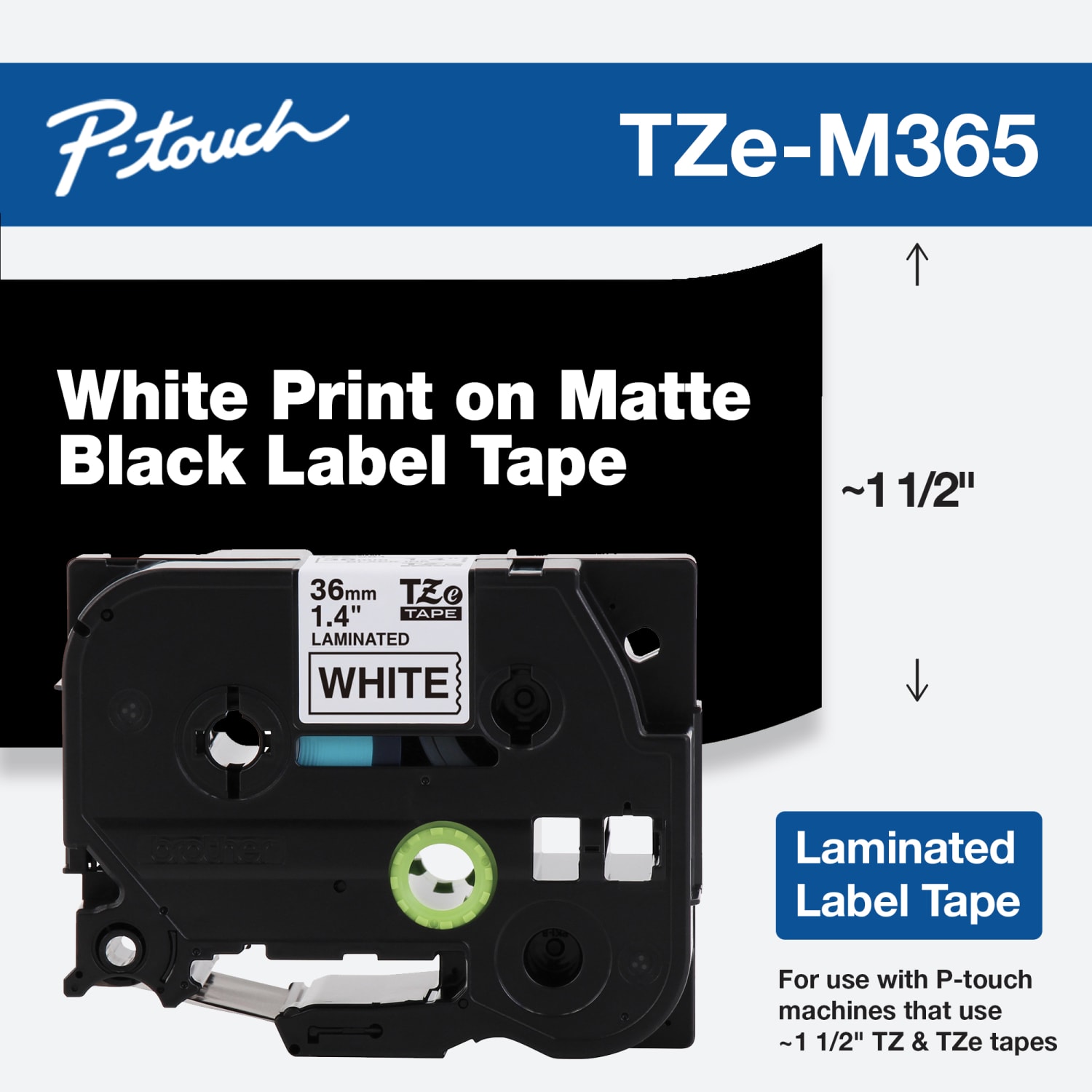 Brother P-Touch TZe-M365 Label Tape, 1-7/16in x 26-1/4ft, Matte Black/White - Image 3