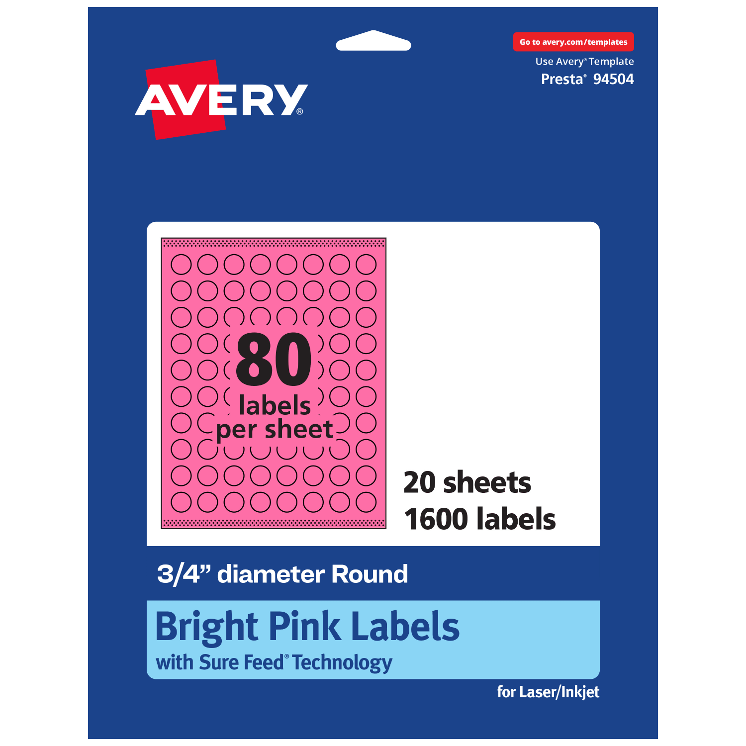 Avery Print-To-The-Edge Labels With Sure Feed Technology And Easy Peel Label Feature, 94504-BPP20, Round, 3/4in, Matte Bright Pink, Pack of 1600