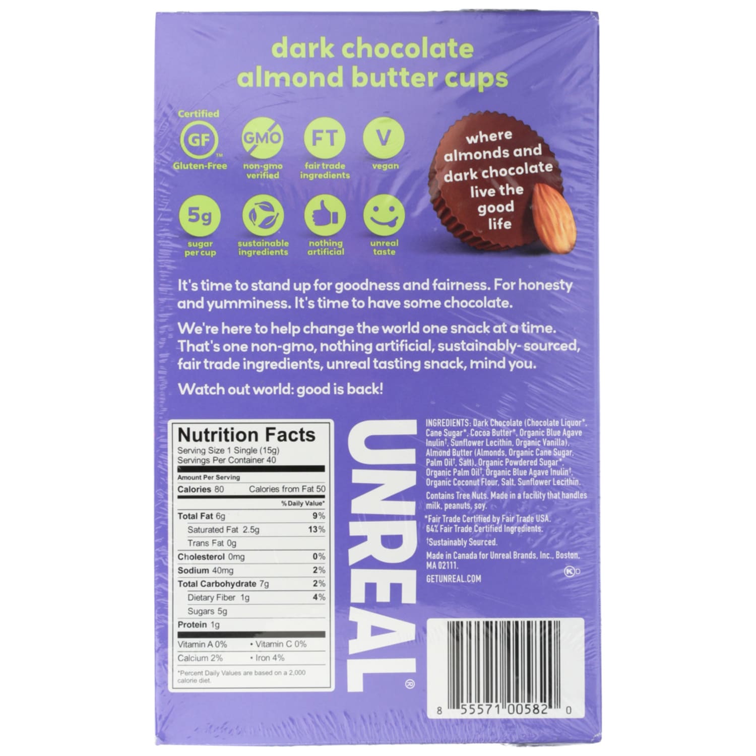 Unreal Dark Chocolate Almond Butter Cups, 0.53 Oz, Total Qty 40 - Image 4