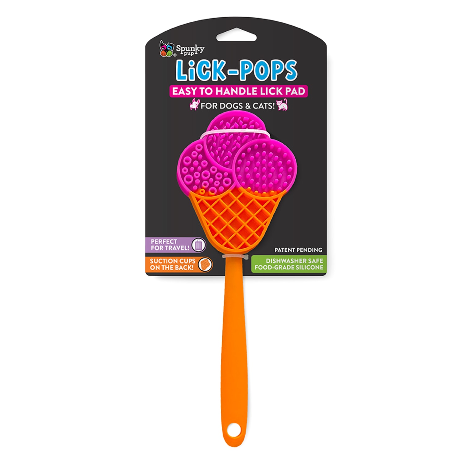 Spunky Pup Lick Pop Pad, Cone, 7-15/16in x 5-7/16in, Pink/Orange