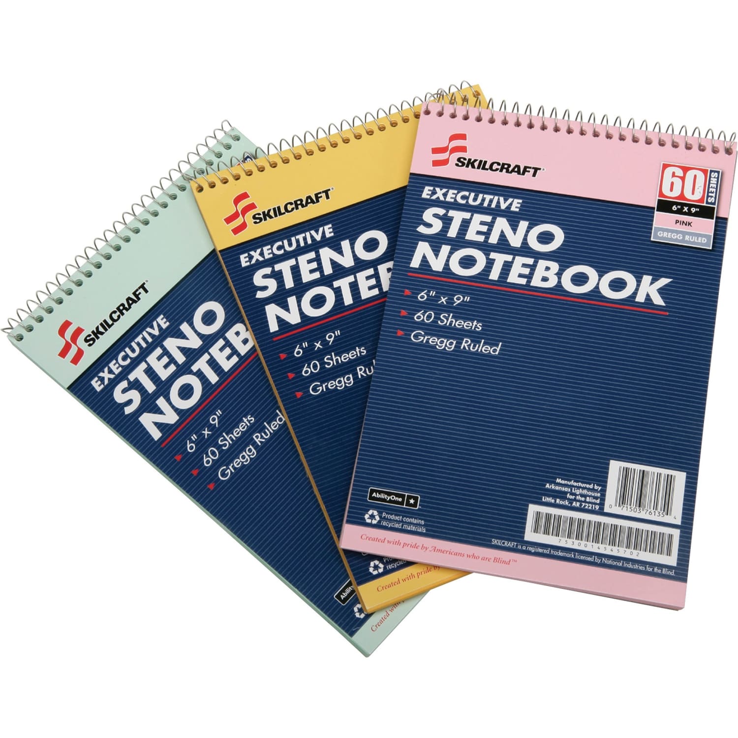 SKILCRAFT 50% Recycled Steno Notebooks, 6in x 9in, Gregg Ruled, 60 Pages (30 Sheets), White/Blue, Pack Of 3 (AbilityOne 7530-01-454-5702) - Image 3