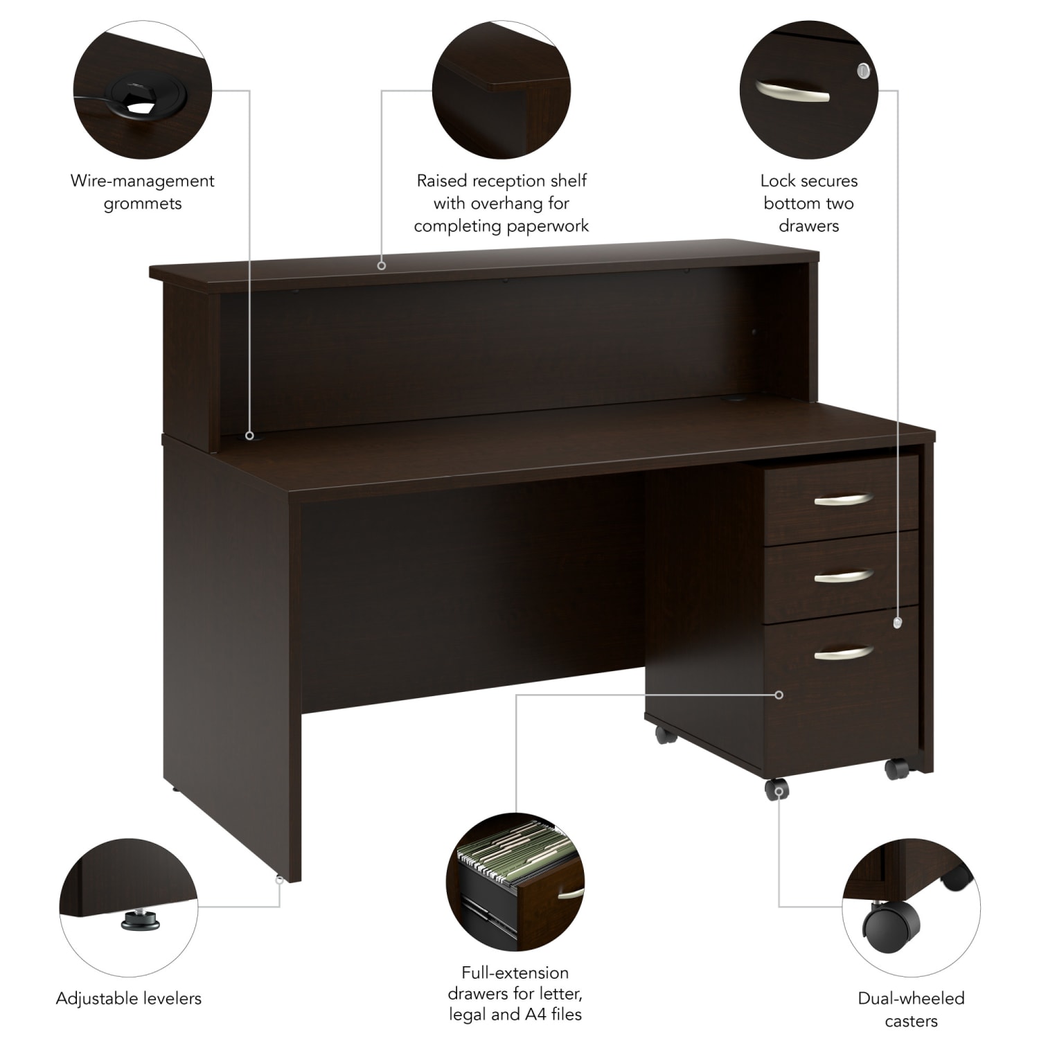 Bush Business Furniture Arrive 60inW Reception Desk with Shelf and Mobile File Cabinet, Mocha Cherry, Standard Delivery - Image 5