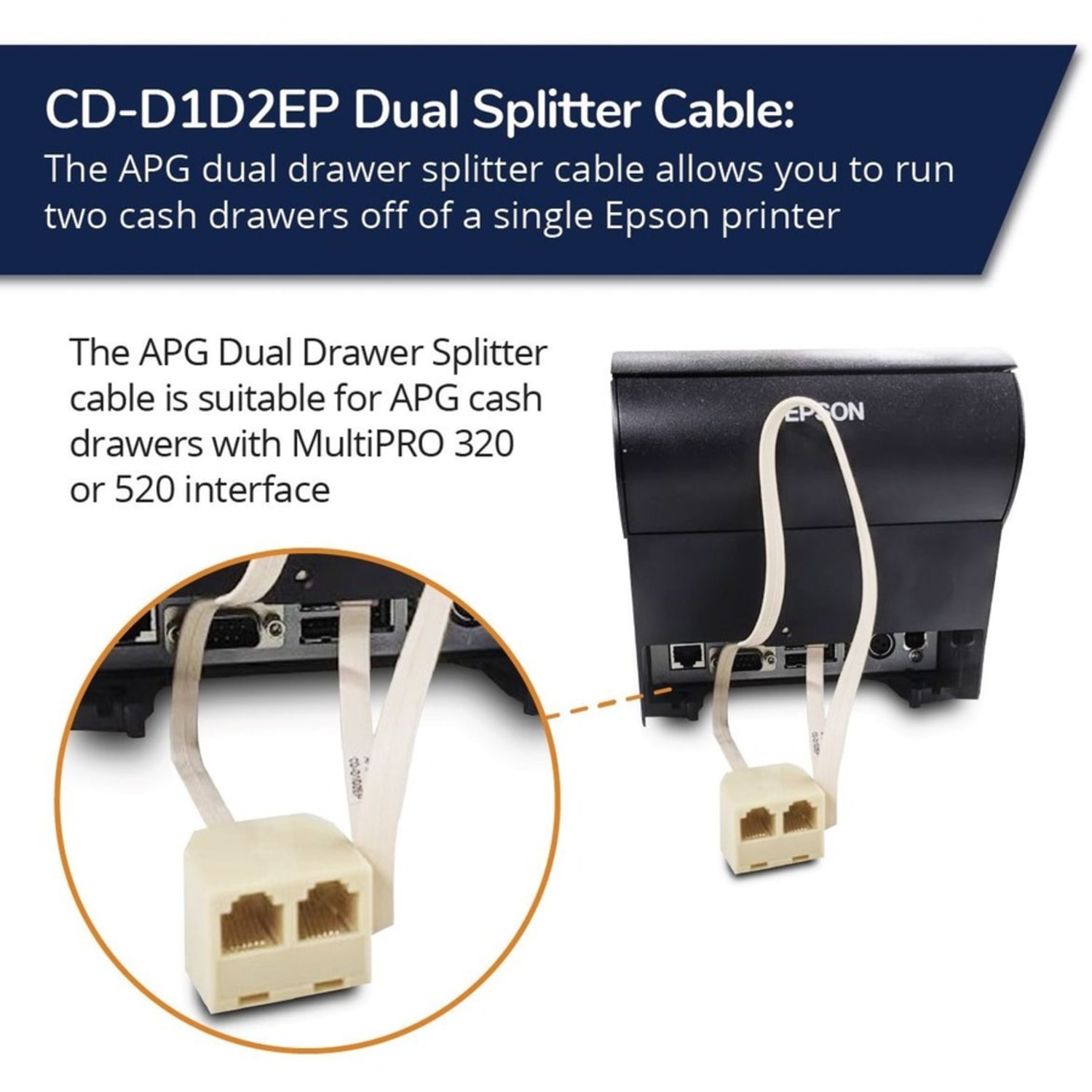 apg Printer Interface Cable | CD-D1D2EP Dual Drawer Splitter Cable | RJ-12 Male Splitter Cable for Epson Printers - RJ-12 Male - Image 4