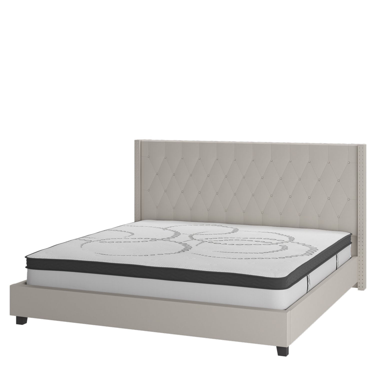 Flash Furniture Riverdale Tufted Upholstered Platform Bed With 10in CertiPUR-US Certified Foam And Pocket Spring Mattress, King, Beige - Image 3