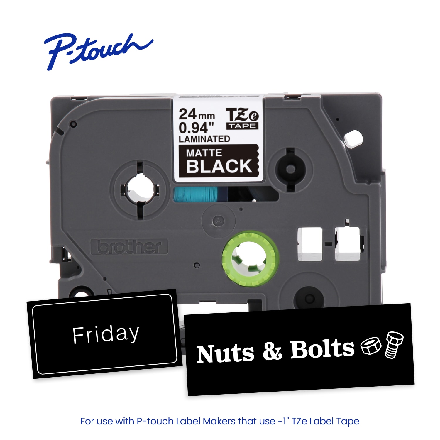 Brother P-touch TZeM355 Premium Matte Laminated Label Tape, 1in x 26.2 ft (24mm x 8m), White on Black - Image 3