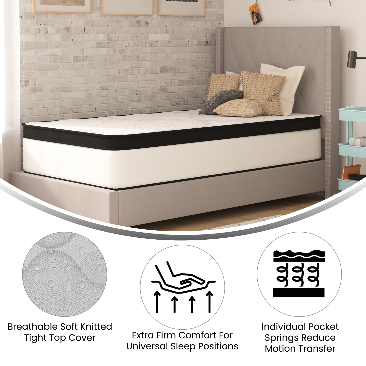 Flash Furniture Capri Comfortable Sleep Firm CertiPUR-US Certified Hybrid Pocket Spring Mattress, Twin, 12inH x 39inW x 75inL, White - Image 4