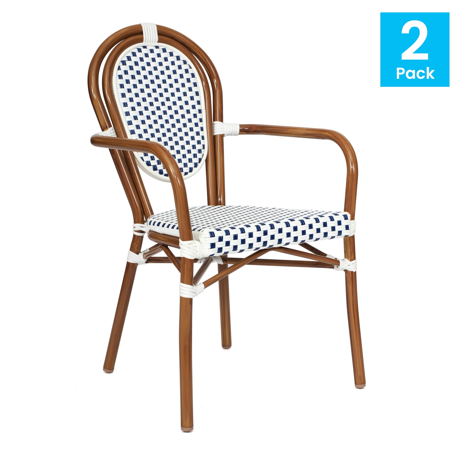 Flash Furniture 2 Pack Lourdes Indoor/Outdoor Commercial Thonet Bistro Stacking Chair with Arms, White & Navy/Natural Frame -2SDA6422AWNVN - Image 3