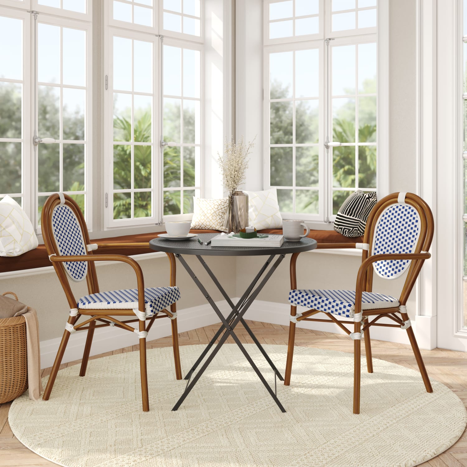 Flash Furniture 2 Pack Lourdes Indoor/Outdoor Commercial Thonet Bistro Stacking Chair with Arms, White & Navy/Natural Frame -2SDA6422AWNVN - Image 4