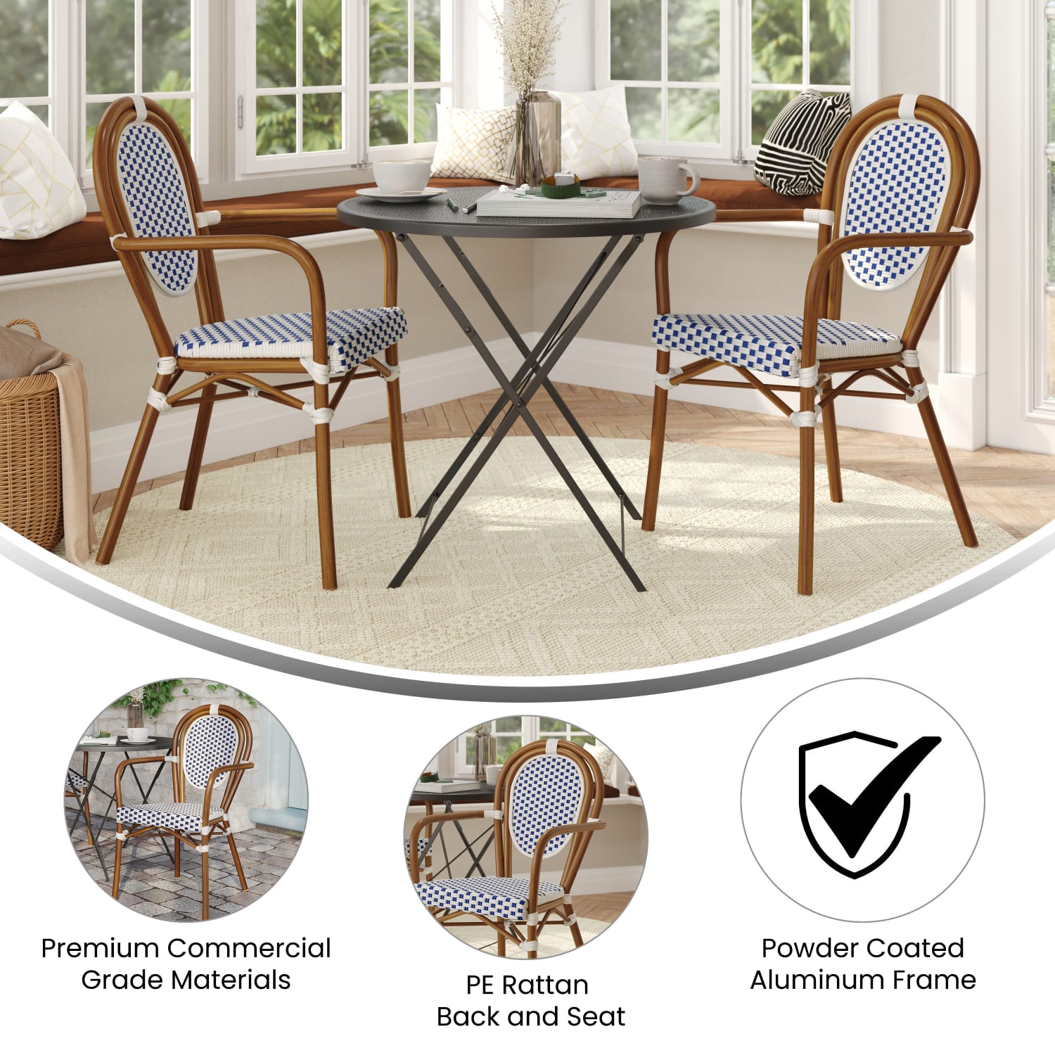 Flash Furniture 2 Pack Lourdes Indoor/Outdoor Commercial Thonet Bistro Stacking Chair with Arms, White & Navy/Natural Frame -2SDA6422AWNVN - Image 5