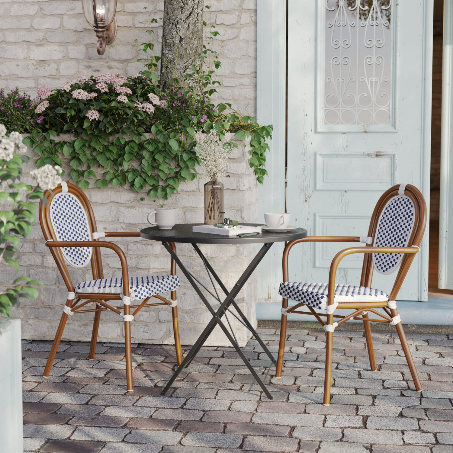 Flash Furniture 2 Pack Lourdes Indoor/Outdoor Commercial Thonet Bistro Stacking Chair with Arms, White & Navy/Natural Frame -2SDA6422AWNVN - Image 6