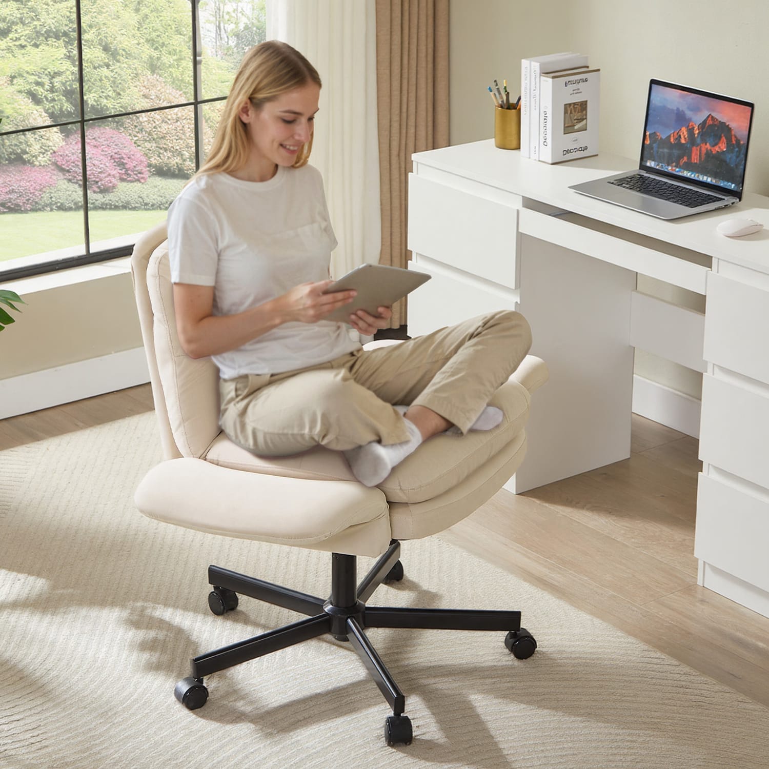 Bestier Ergonomic Velour Mid-Back Swivel Executive Task Chair, Beige - Image 4