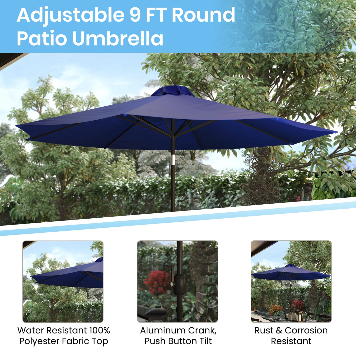 Flash Furniture Kona Round Umbrella With 1-1/2in Aluminum Pole, 96-1/2inH x 104-1/2inW x 104-1/2inD, Navy - Image 6