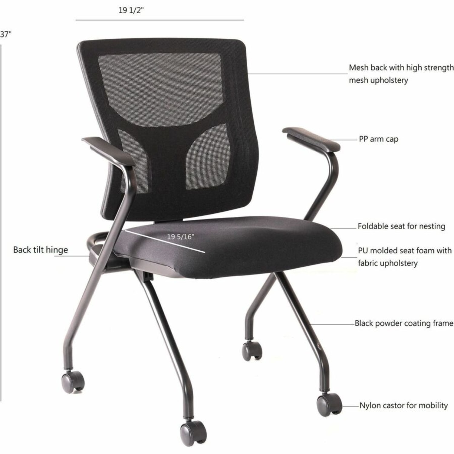Lorell Conjure Mesh Training Chairs with Arms - Polyurethane, Molded Foam, Fabric Seat Material - Black - Armrest - 2 / Carton - Image 5