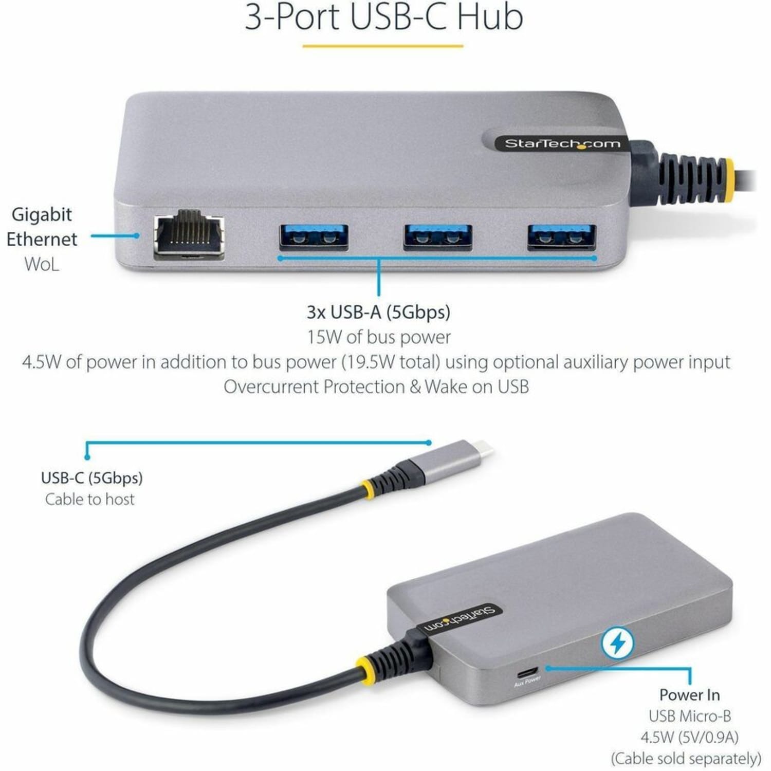 StarTech.com 3-Port USB-C Hub with Ethernet, 3x USB-A Ports, GbE, 5Gbps, Bus-Powered, 1ft/30cm Cable, Portable USB Type-C Expansion Hub - Image 3