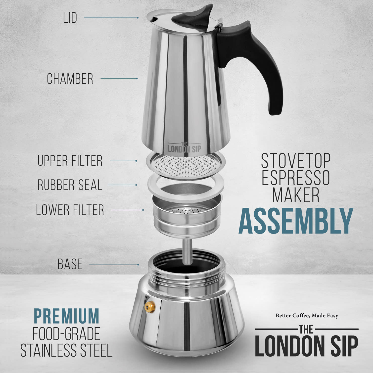 Escali London Sip 10-Cup Stovetop Espresso Maker, Matte Black/Stainless Steel - Image 5