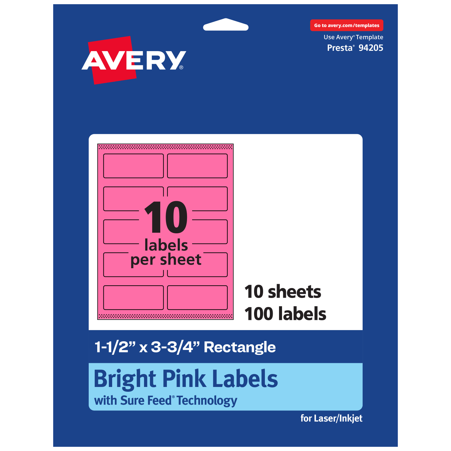 Avery Print-To-The-Edge Labels With Sure Feed Technology And Easy Peel, 94205-BPP10, Rectangle, 1-1/2in x 3-3/4in, Matte Bright Pink, Pack of 100