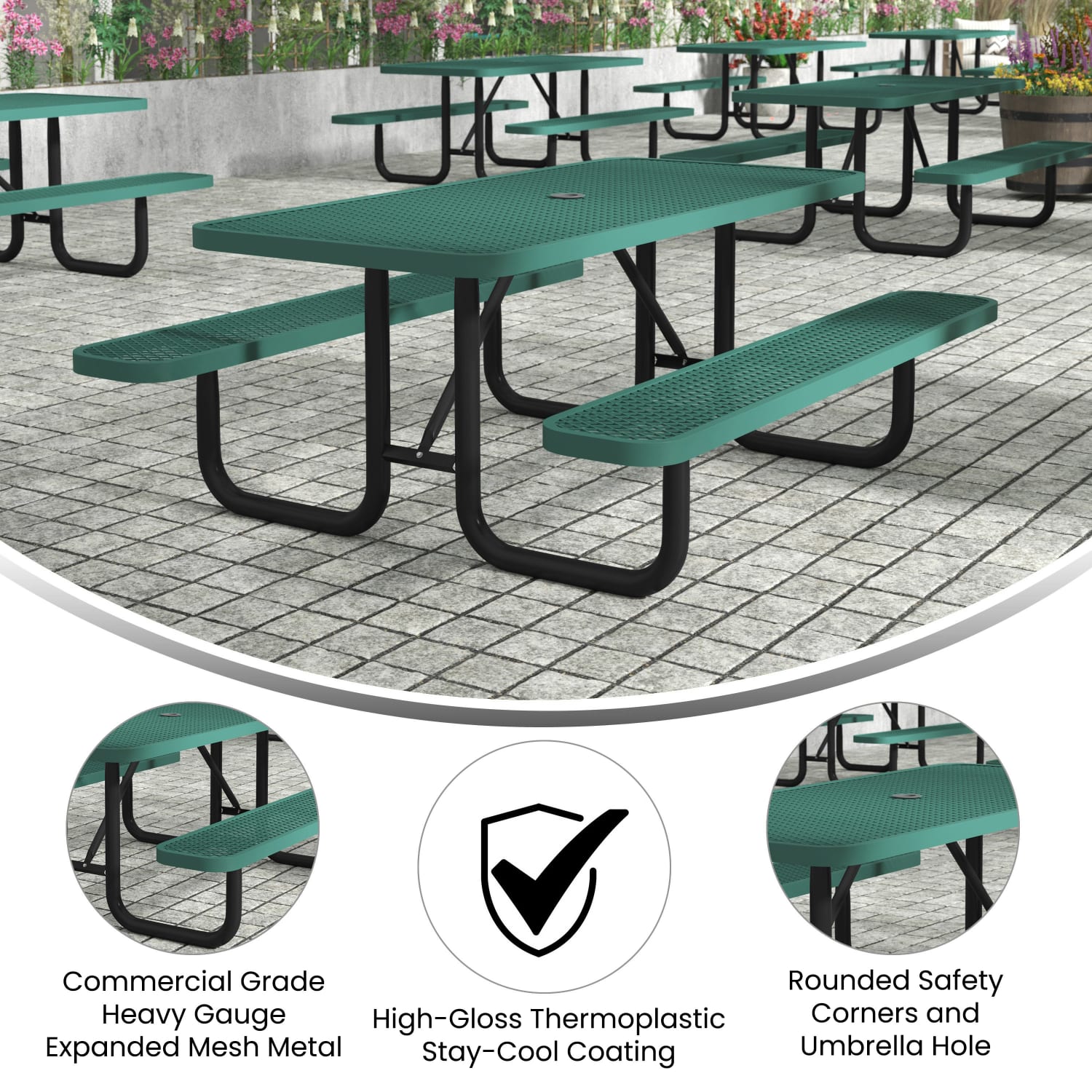 Flash Furniture Mantilla Outdoor Picnic Table, Steel Frame and Ground Anchors, 6ft, Green - SLFEML72H48LGN - Image 4