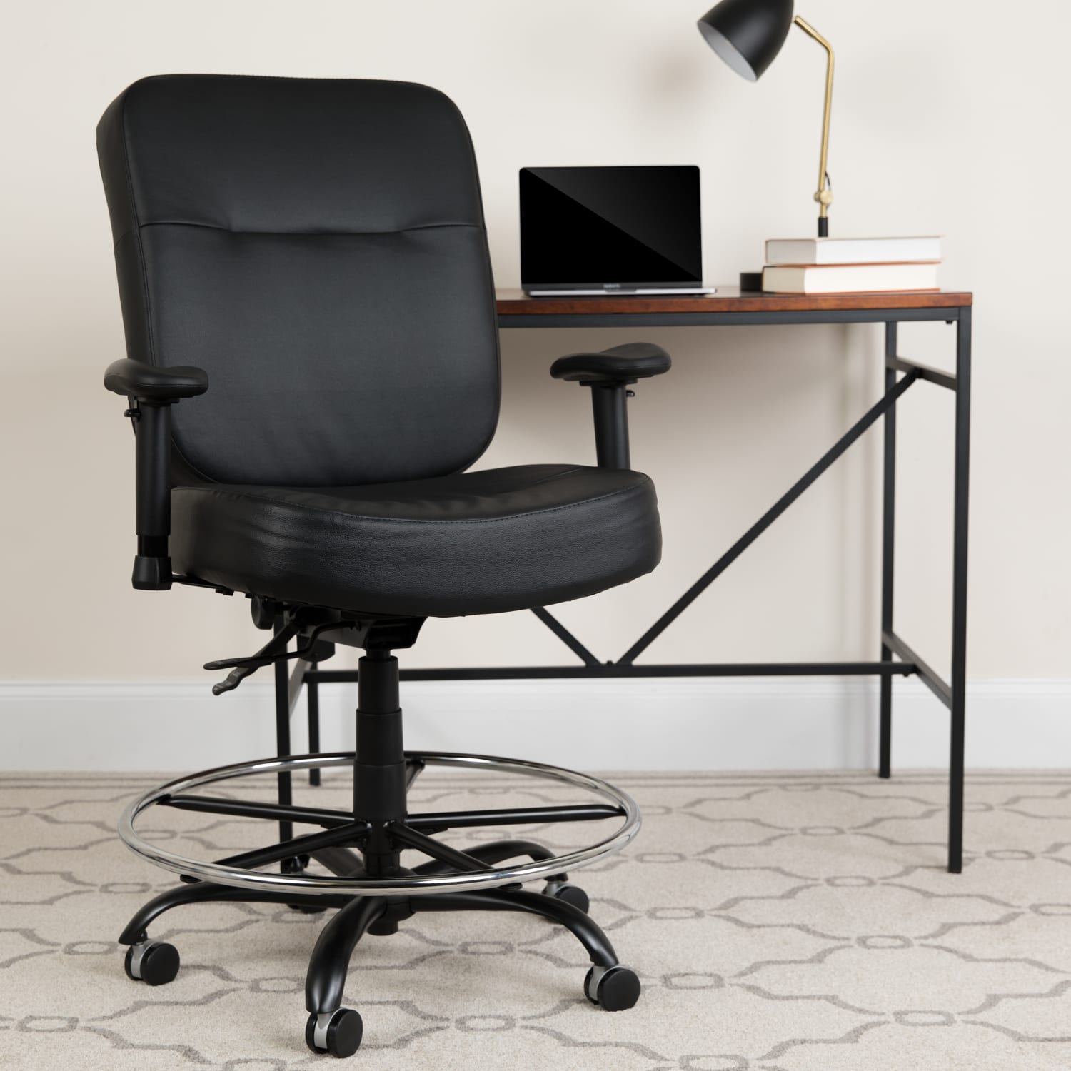 Flash Furniture HERCULES Big  Tall LeatherSoft Ergonomic Drafting Chair with Rectangular Back and Adjustable Arms Black PopularChairscom