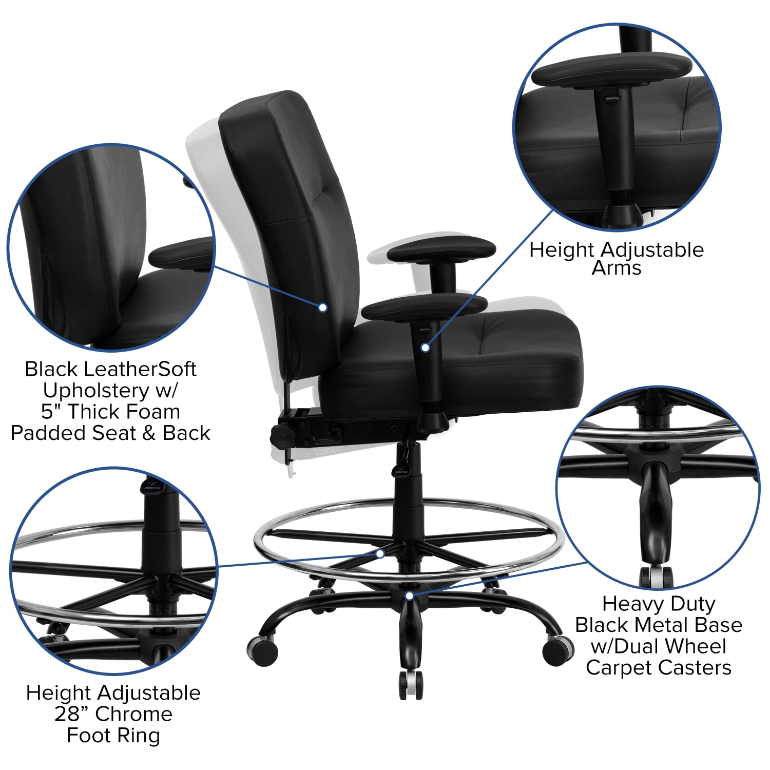 Flash Furniture HERCULES Big & Tall LeatherSoft Ergonomic Drafting Chair with Rectangular Back and Adjustable Arms, Black - Image 6