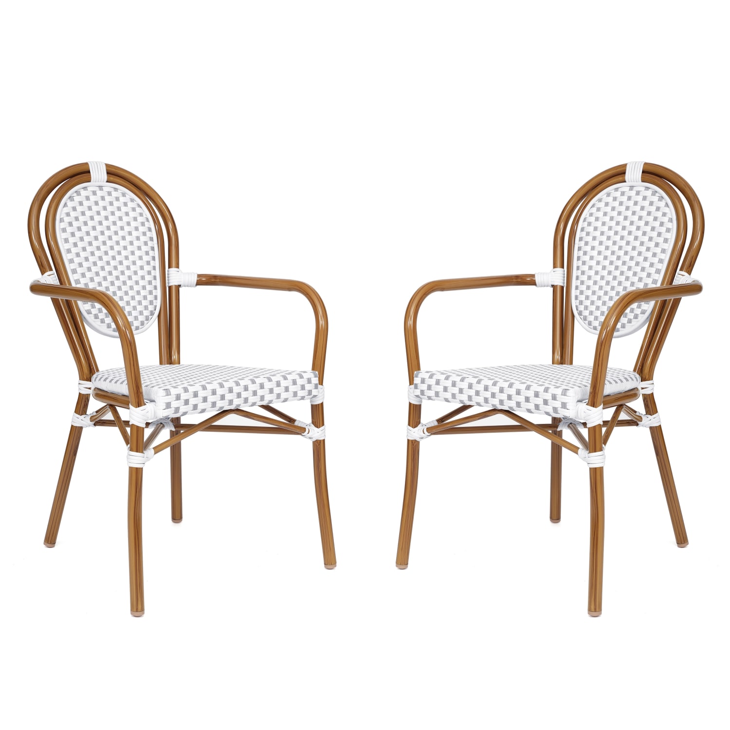 Flash Furniture 2 Pack Lourdes Indoor/Outdoor Commercial Thonet Bistro Stacking Chair with Arms, White & Gray/Natural Frame -2SDA6422AWGYN
