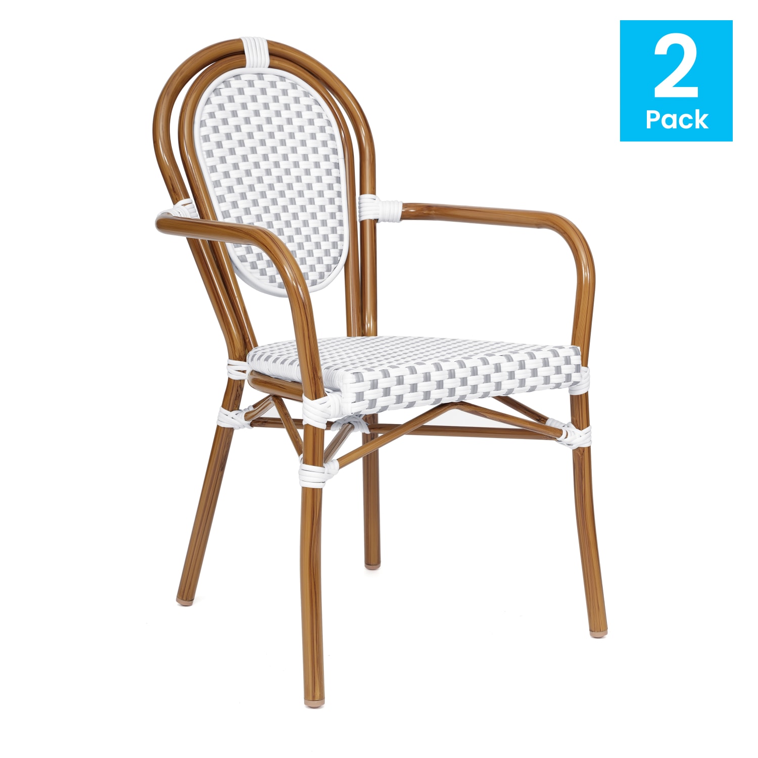 Flash Furniture 2 Pack Lourdes IndoorOutdoor Commercial Thonet Bistro Stacking Chair with Arms White  GrayNatural Frame  2SDA6422AWGYN PopularChairscom
