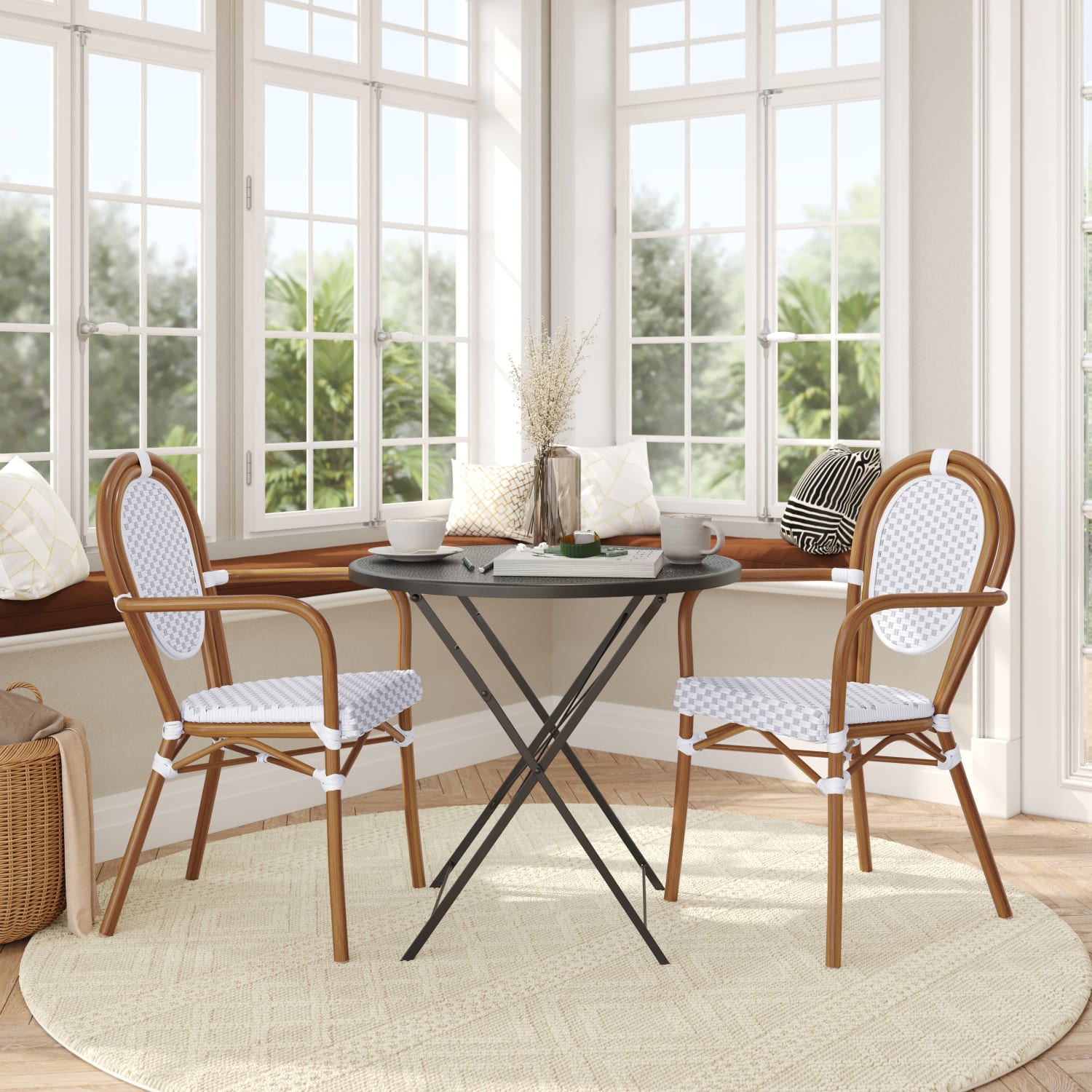 Flash Furniture 2 Pack Lourdes IndoorOutdoor Commercial Thonet Bistro Stacking Chair with Arms White  GrayNatural Frame  2SDA6422AWGYN PopularChairscom