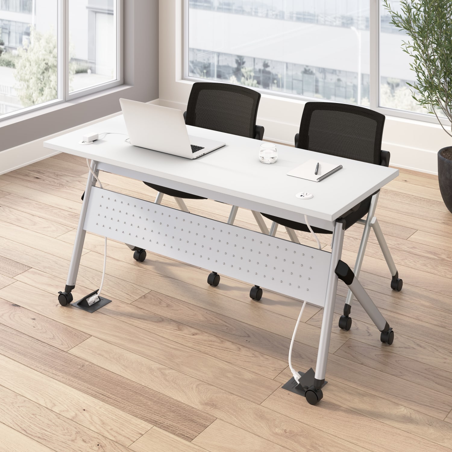 Bush Business Furniture Envision 60inW Folding Training Table with Powered Grommets and 2 Chairs, White/Cool Gray Metallic, Standard Delivery