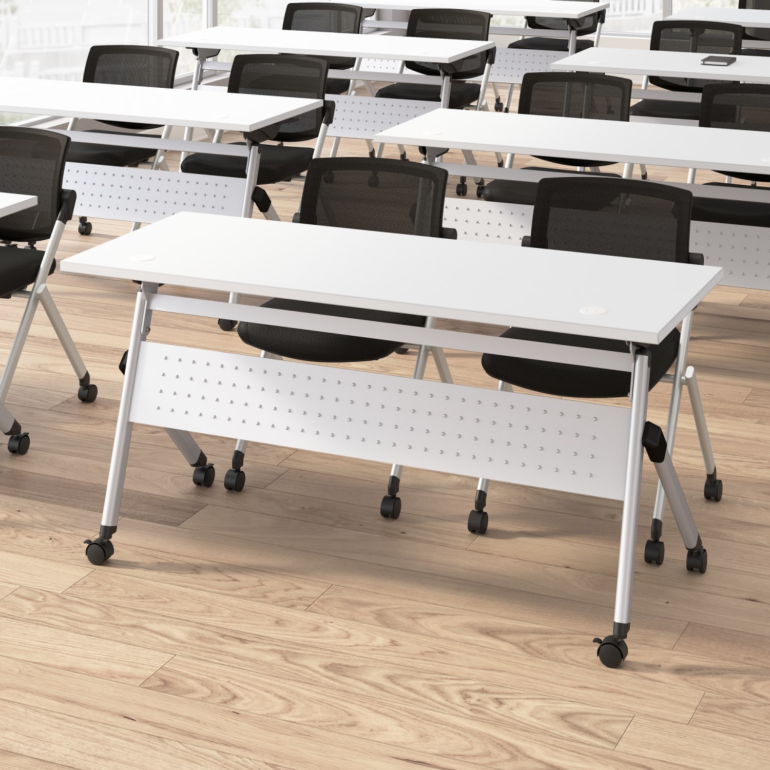 Bush Business Furniture Envision 60inW Folding Training Table with Powered Grommets and 2 Chairs, White/Cool Gray Metallic, Standard Delivery - Image 5