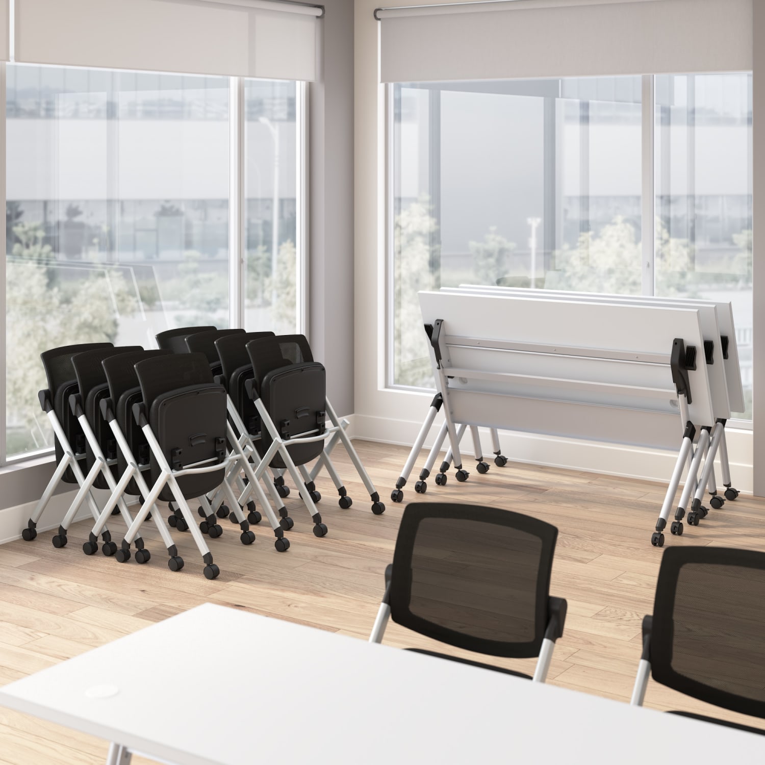 Bush Business Furniture Envision 60inW Folding Training Table with Powered Grommets and 2 Chairs, White/Cool Gray Metallic, Standard Delivery - Image 6