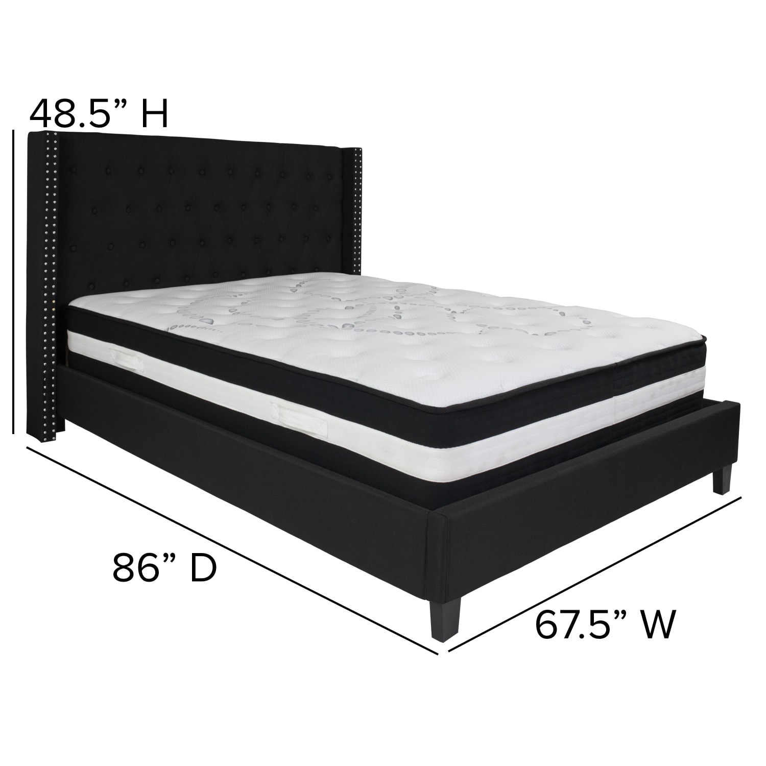 Flash Furniture Riverdale Tufted Upholstered Platform Bed With Accent Nail Trimmed Extended Sides And Pocket Spring Mattress, Queen, Black - Image 5